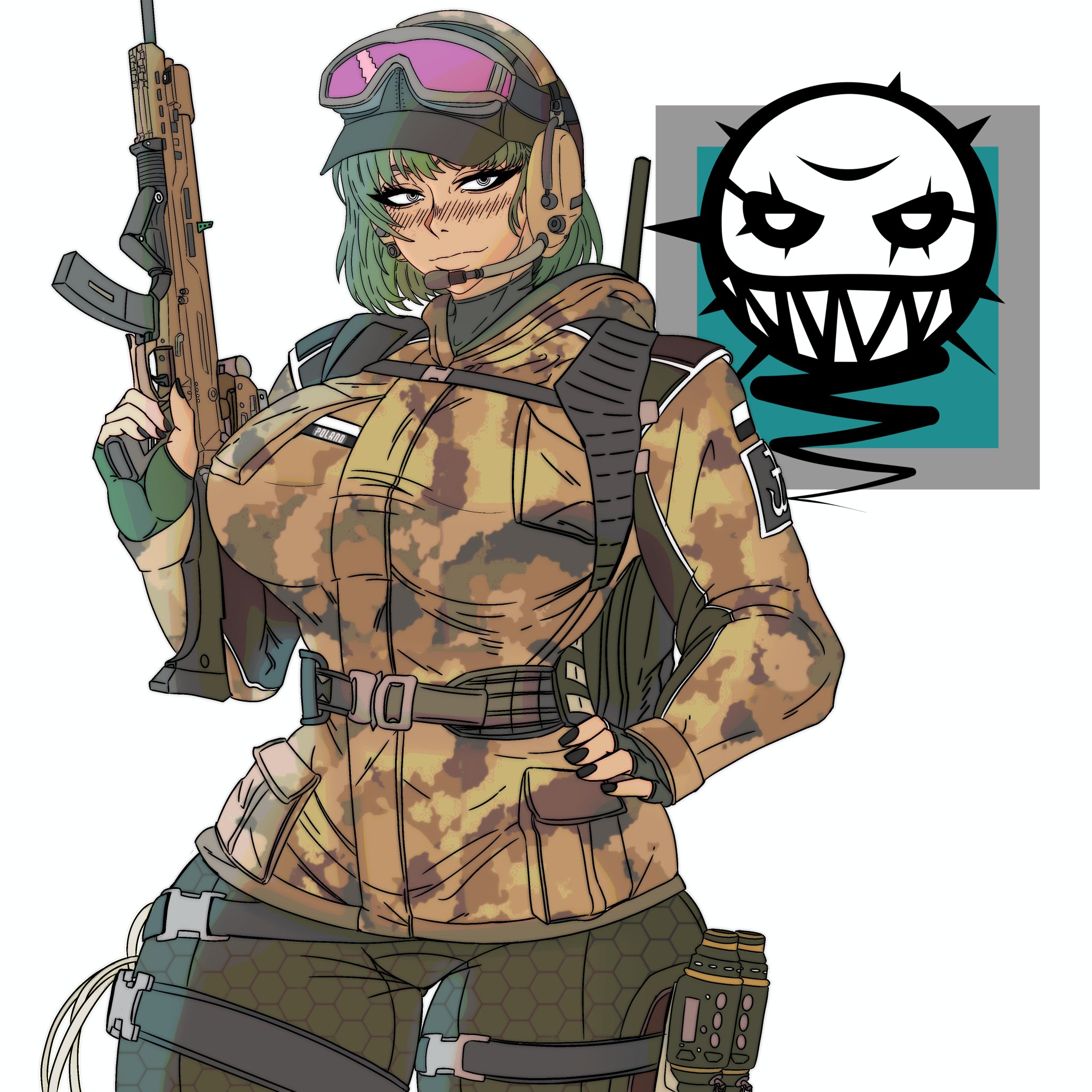 beautiful woman, black nails, ela (rainbow six), grzmot mine, gun, hat, high quality, high resolution, master dcj, mature woman, painted nails, rainbow six, rainbow six siege, solo, ubisoft, uninterested, uninterested female, voluptuous female, weapon