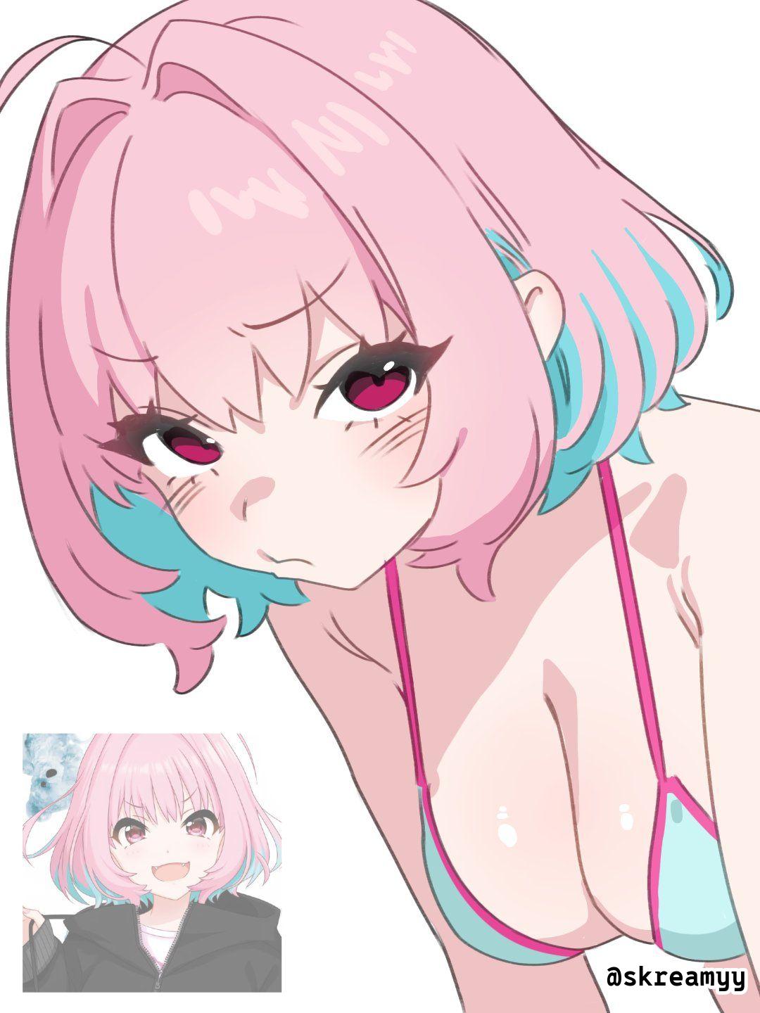 1girls, 2d, 2d (artwork), 2d artwork, ahoge, bare chest, bare shoulders, bare skin, big boobs, big breasts, bikini, bikini top, blue hair, blue-haired female, blush face, blush lines, blushing, blushing at viewer, blushing female, blushing lines, breasts, busty, busty female, busty girl, cleavage, collarbone, dangling breasts, digital, digital art, digital drawing, digital drawing (artwork), digital media, digital media (artwork), drawing, exposed chest, exposed shoulders, exposed skin, eyebrows visible through hair, female, female focus, female only, flushed, flushed face, frown, frown eyebrows, frowning, frowning at viewer, gakuen idolmaster, hair intakes, halterneck, hanging-breasts, high resolution, highres, idolmaster, idolmaster cinderella girls, japanese, japanese female, japanese girl, japanese woman, large boobs, large breasts, leaning, leaning forward, looking at viewer, pink hair, pink hair female, pink-haired female, red eyes, red-eyed female, scowl, shiny breasts, shiny hair, shiny skin, short hair, shoulders, simple background, skreamyy, solo, standing, string bikini, swimsuit, swimwear, white background, white bikini, white bikini top, white swimsuit, white swimwear, yumemi riamu