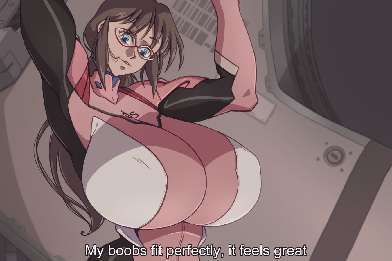 1girl, arms up, big breasts, blue eyes, breasts, breasts bigger than head, brown hair, evangelion: 2.0 you can (not) advance, female focus, gigantic breasts, glasses, highres, huge boobs, huge breasts, huge tits, long hair, looking at viewer, makinami mari illustrious, mari illustrious makinami, massive breasts, massive tits, mecha pilot suit, n647, neon genesis evangelion, plugsuit, plugsuit (evangelion), ponytail, rebuild of evangelion, smile, solo, subtitled, upper body