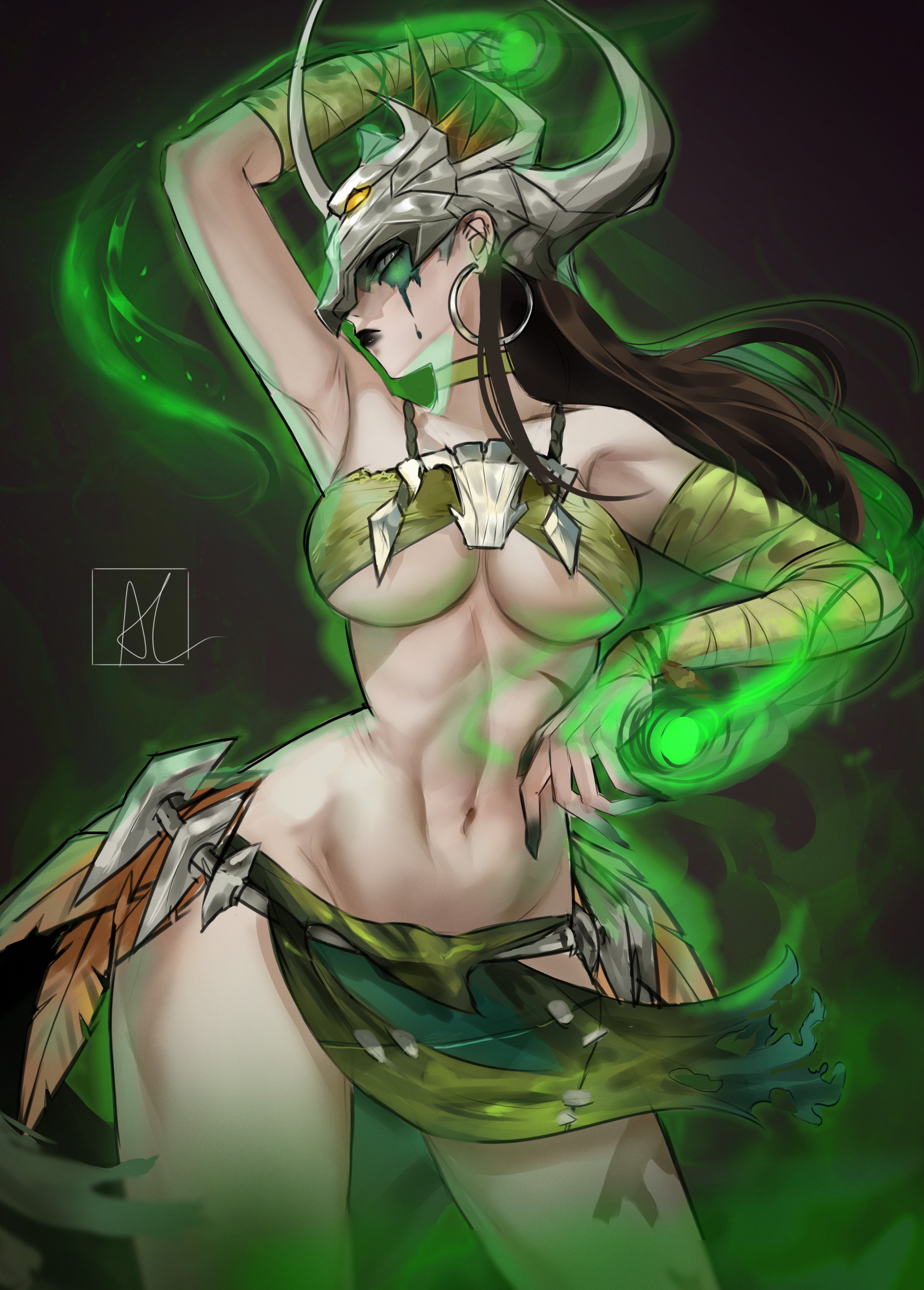 1girl, 1girls, 2d, almost nude, arialla draws, artist signature, cave girl, cavegirl, cavewoman, character name, dark hair, female, female only, goddess, green aura, hela, hela (marvel rivals), hela (savage monarch), hourglass figured female, jungle girl, marvel, marvel comics, marvel rivals, pale skin, pale-skinned female, prehistoric, primitive, savage, skull hair ornament, solo, stone age, tarzan, thick thighs, thighs, tribal