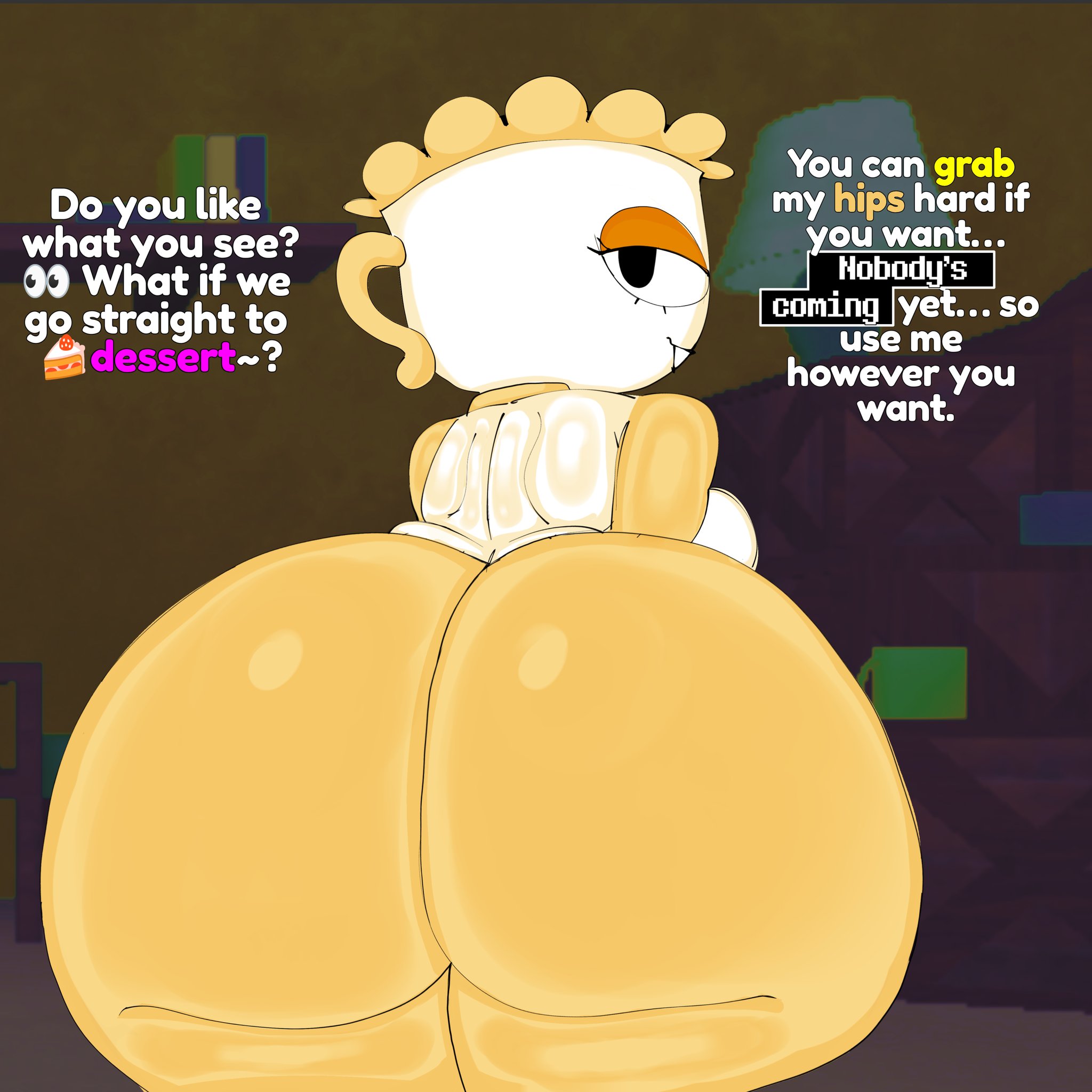 ass, ass focus, blushcrunch studio, captivemimic, dandy's world, dandys world, roblox, rodger (dandy's world), teagan (dandy's world), text