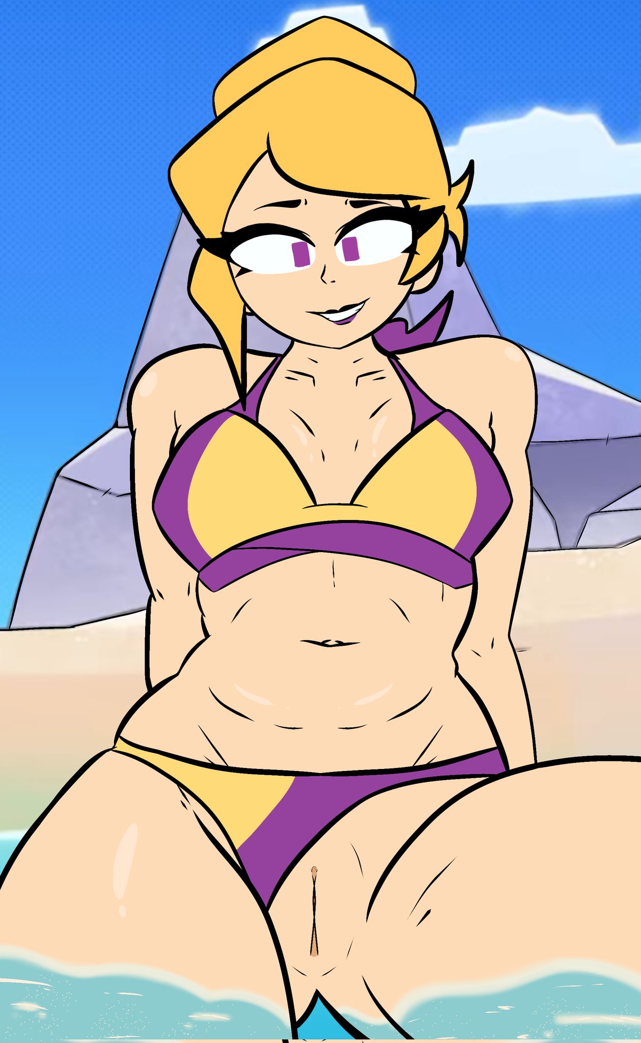 bikini, bikini aside, bikini bottom aside, blonde female, blonde hair, erickfer1415, female, female only, gameoverse, glitch productions, miss information (gameoverse), pussy, solo