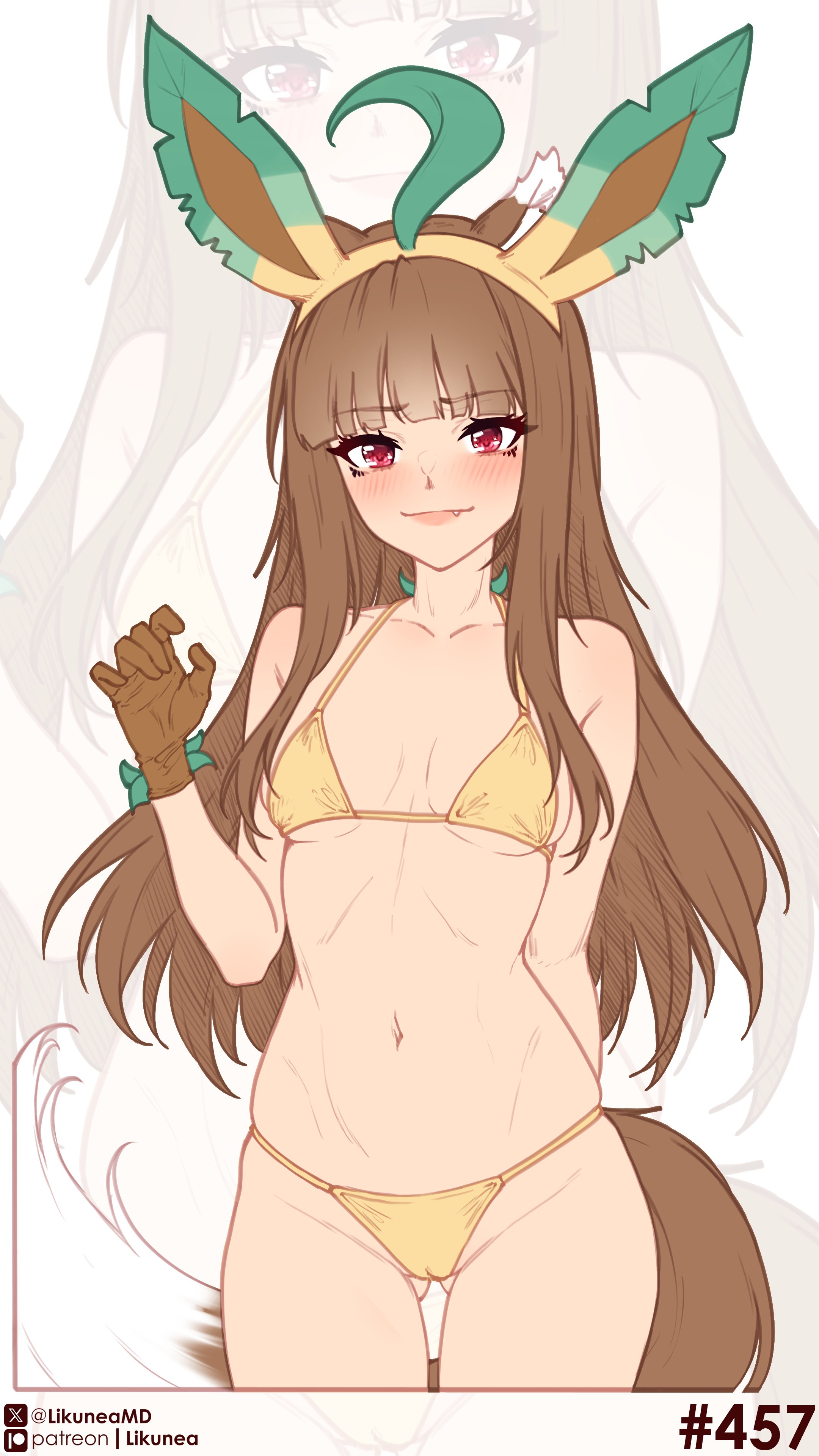 1girl, absurdres, animal ears, arm behind back, bikini, blush, breasts, brown gloves, brown hair, closed mouth, collarbone, commentary, cosplay, english commentary, fake animal ears, fang, gloves, highres, holo, human, leafeon, leafeon (cosplay), likunea, long hair, looking at viewer, medium breasts, patreon logo, patreon username, pokemon, red eyes, smile, solo, spice and wolf, standing, swimsuit, tail, thighs, twitter username, twitter x logo, wolf ears, wolf girl, wolf tail, yellow bikini, zoom layer
