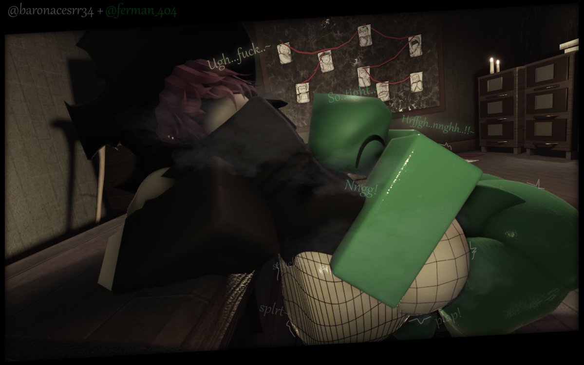 1boy, 1girls, 3d, areolae, art trade, ass, axe, baronaces, big ass, breasts, breasts out, dialogue, english text, ferman (robloxian), fishnet legwear, fishnets, forsaken (roblox), from behind, indoors, jane doe (forsaken), loser, onomatopoeia, roblox, roblox game, robloxian, side view, standing sex, steamy, tagme, text, thick thighs, thighs, twitter username