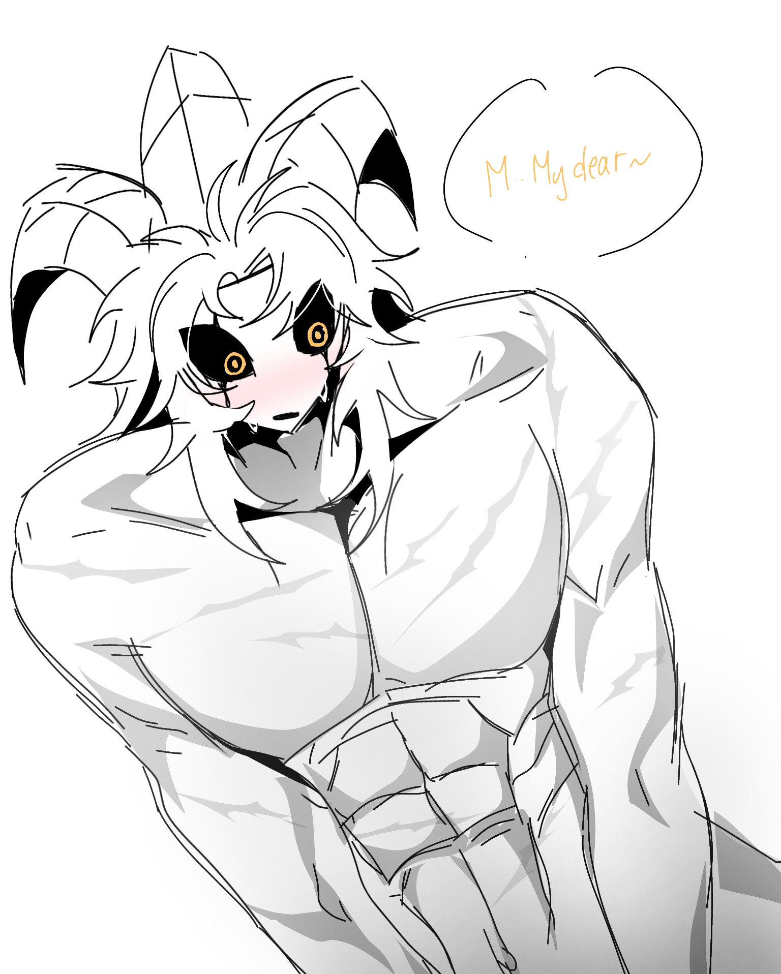 flustered, flustered male, horns, long hair, muscular, muscular arms, muscular male, pale body, pale skin, pale-skinned male, pierrot (the freak circus), pompommie, solo, solo focus, solo male, sweat, sweatdrop, sweating, sweaty face, the freak circus, yellow eyes