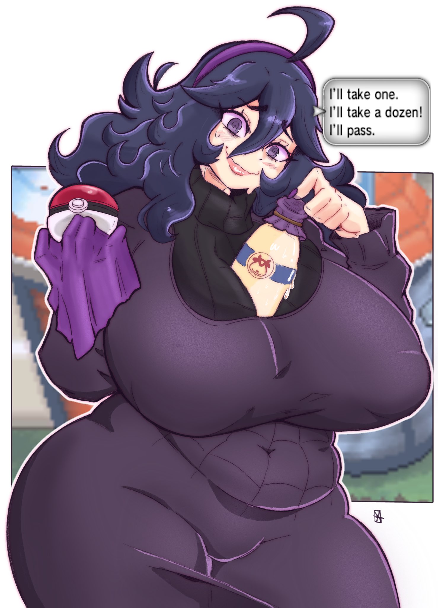 1girls, big breasts, bottle, breasts, clothing, dress, english, english text, female, female only, game freak, hair, hex maniac, holding poke ball, huge breasts, long hair, milk bottle, nail polish, nails, pokeball, pokemon, pokemon xy, purple dress, purple eyes, purple hair, purple nail polish, purple nails, solo, solo female, text, text box, thighs, voluptuous, voluptuous female, xenexarts
