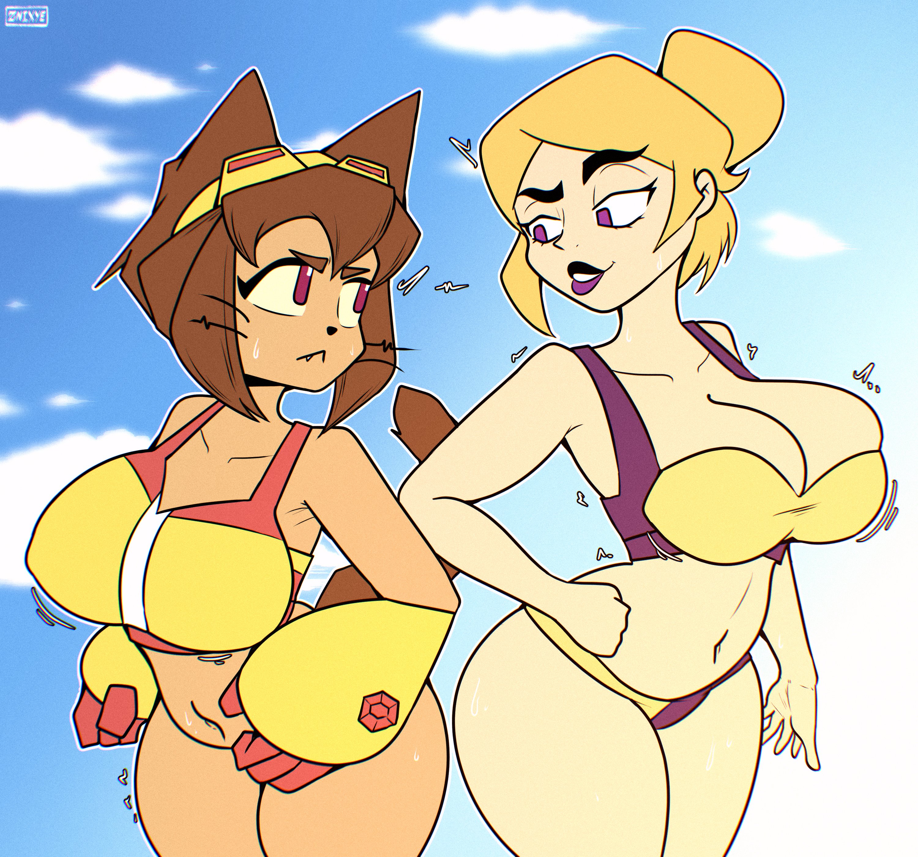 2girls, anthro, anthro female, anthrofied, bikini, blonde hair, cleavage, female, female only, fur, furry female, gameoverse, glitch productions, kit (gameoverse), kit bodega, light skin, light-skinned female, miss information (gameoverse), znixye