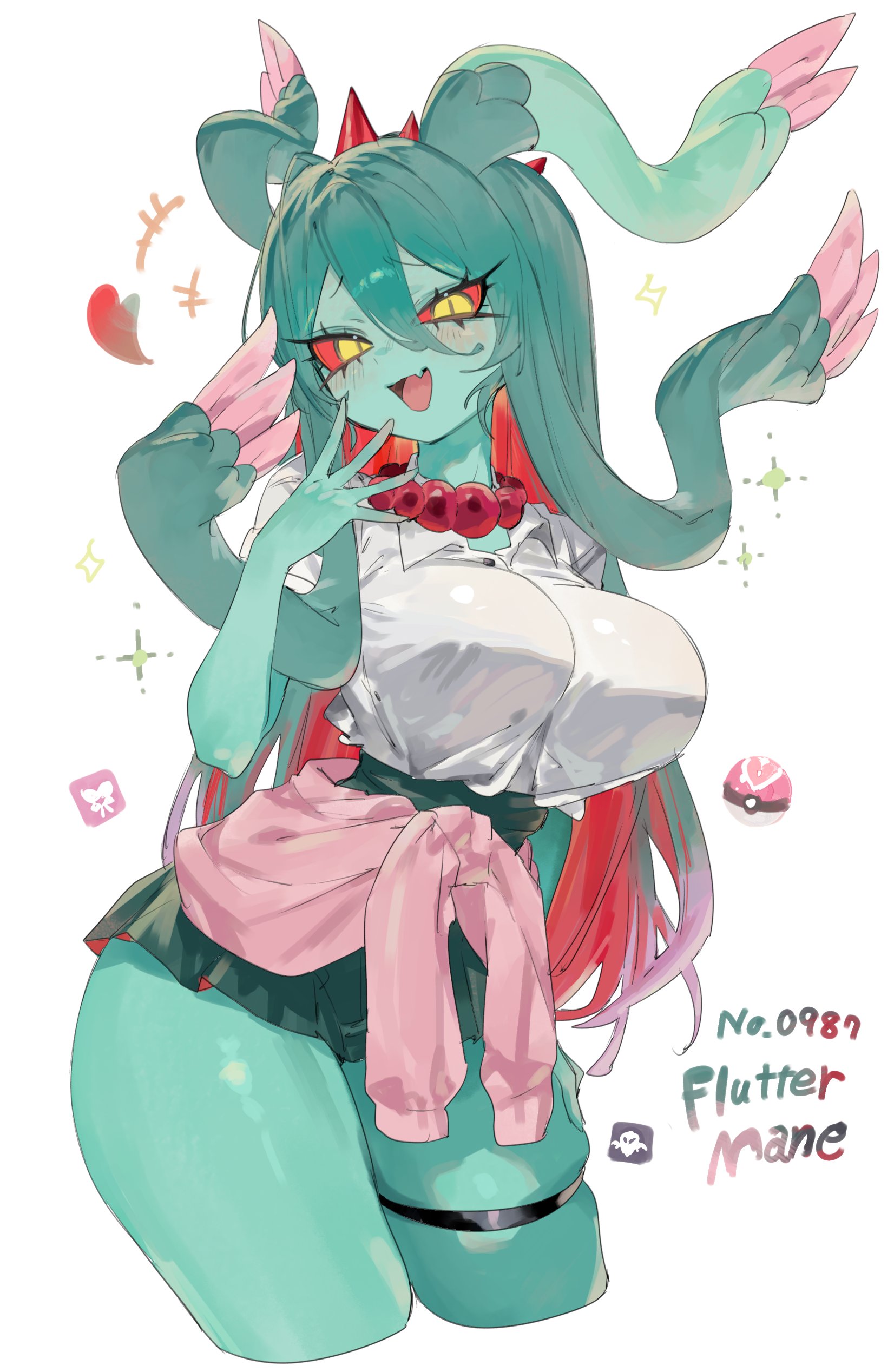 <3, 1girls, big breasts, blush, clothing, english text, eyelashes, female, female only, flutter mane, generation 9 pokemon, green hair, gyaru, hi res, humanoid, long hair, looking at viewer, nintendo, open mouth, paradox pokemon, pearl necklace, pokemon, pokemon (species), red hair, red sclera, slit pupils, smiling, smiling at viewer, solo, text, thick thighs, thigh strap, toge77789, togetoge, two-tone hair, white background, yellow eyes