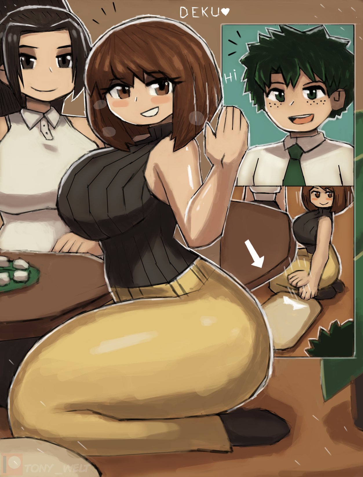 1boy, 2girls, 2girls1boy, ass, big ass, big breasts, boku no hero academia, boku no hero academia (finale), breasts, curvy, curvy figure, deku, female, female focus, female thick thighs, inviting, izuku midoriya, large ass, light skin, light-skinned female, momo yaoyorozu, my hero academia, my hero academia (finale), ochako uraraka, patting, post-timeskip, thick thighs, thighs, time skip, tony welt, uraraka ochako, wide, yaoyorozu momo