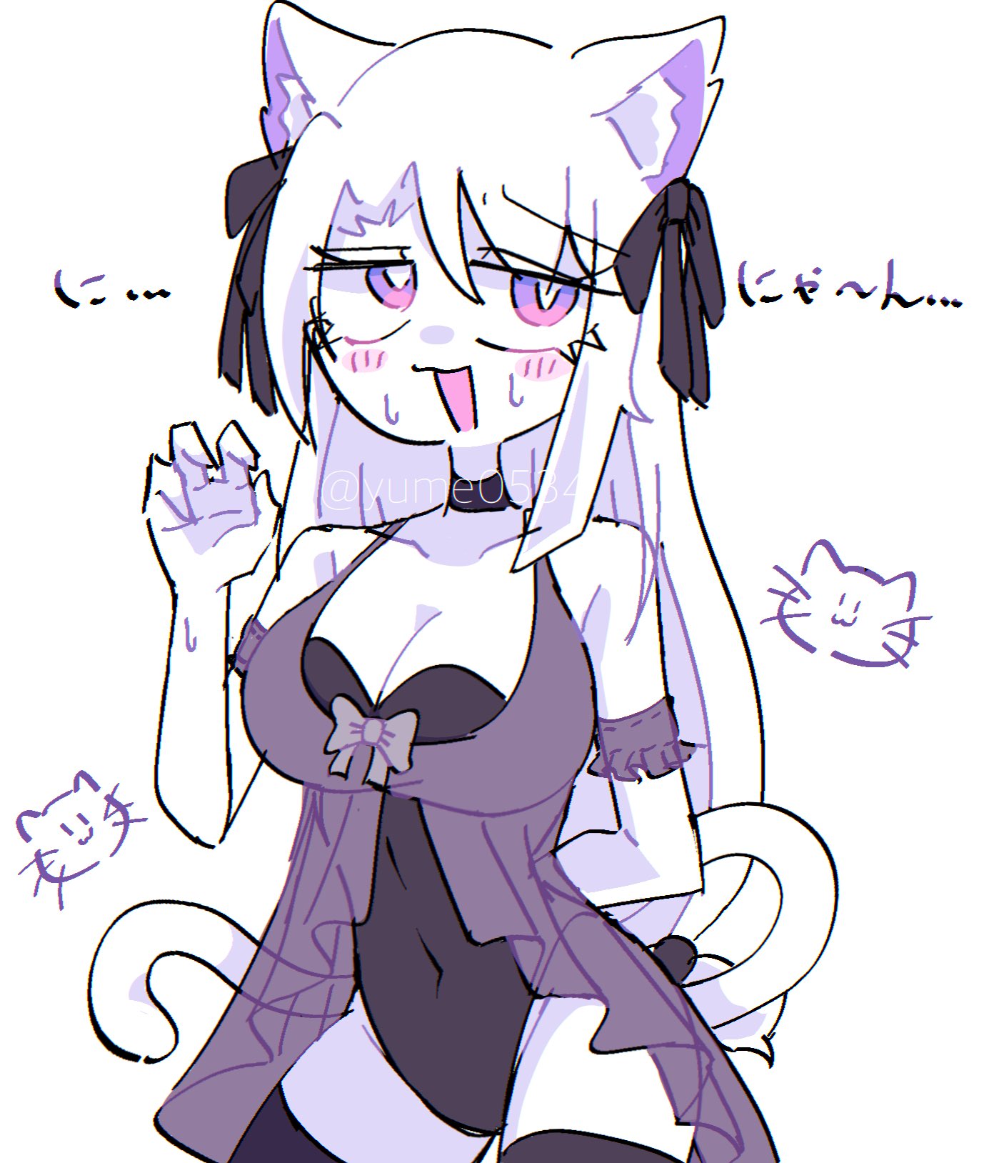 animal ears, big breasts, black clothes, black suit, blue background, dog ears, dog humanoid, dog tail, heart, huge breasts, huge thighs, long hair, oc, original character, pink eyes, purple eyes, purple hair, sana (yume0534), squatting, suit, thighs, white hair, white skin, yume0534