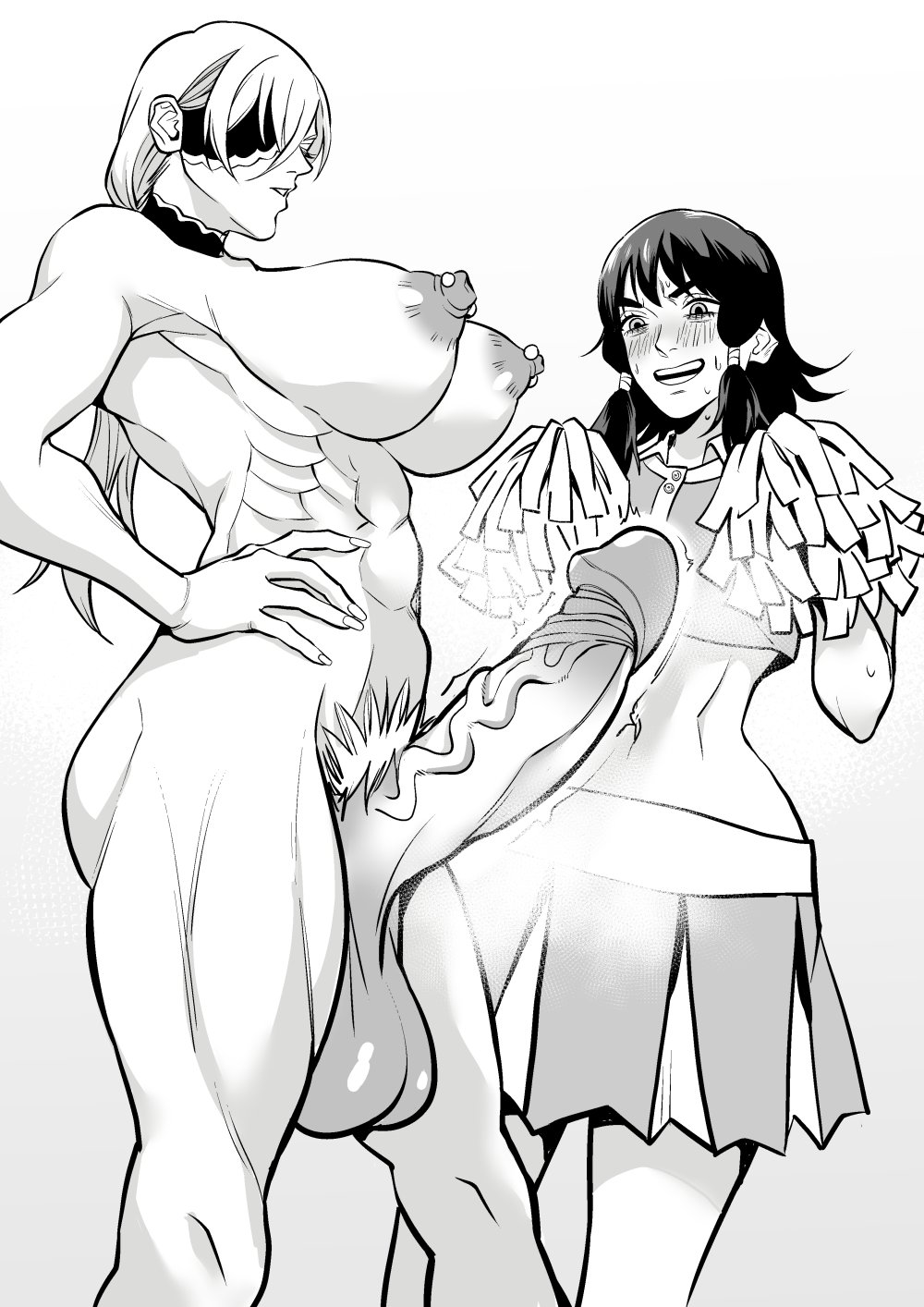 1futa, 1girls, armpit, balls, big penis, black hair, chainsaw man, cheerleader, cheerleader outfit, cheerleader uniform, completely naked, completely naked futanari, completely nude, completely nude futanari, dick, dickgirl, erect penis, erection, eyepatch, futanari, glans, hand on hip, keidh, keiiii, long hair, looking at another, looking at partner, mifune fumiko, muscular, muscular futa, naked, naked futa, nipple piercing, nipples, nude, nude futanari, penis, quanxi (chainsaw man), short hair, standing, testicles, white hair, yuri