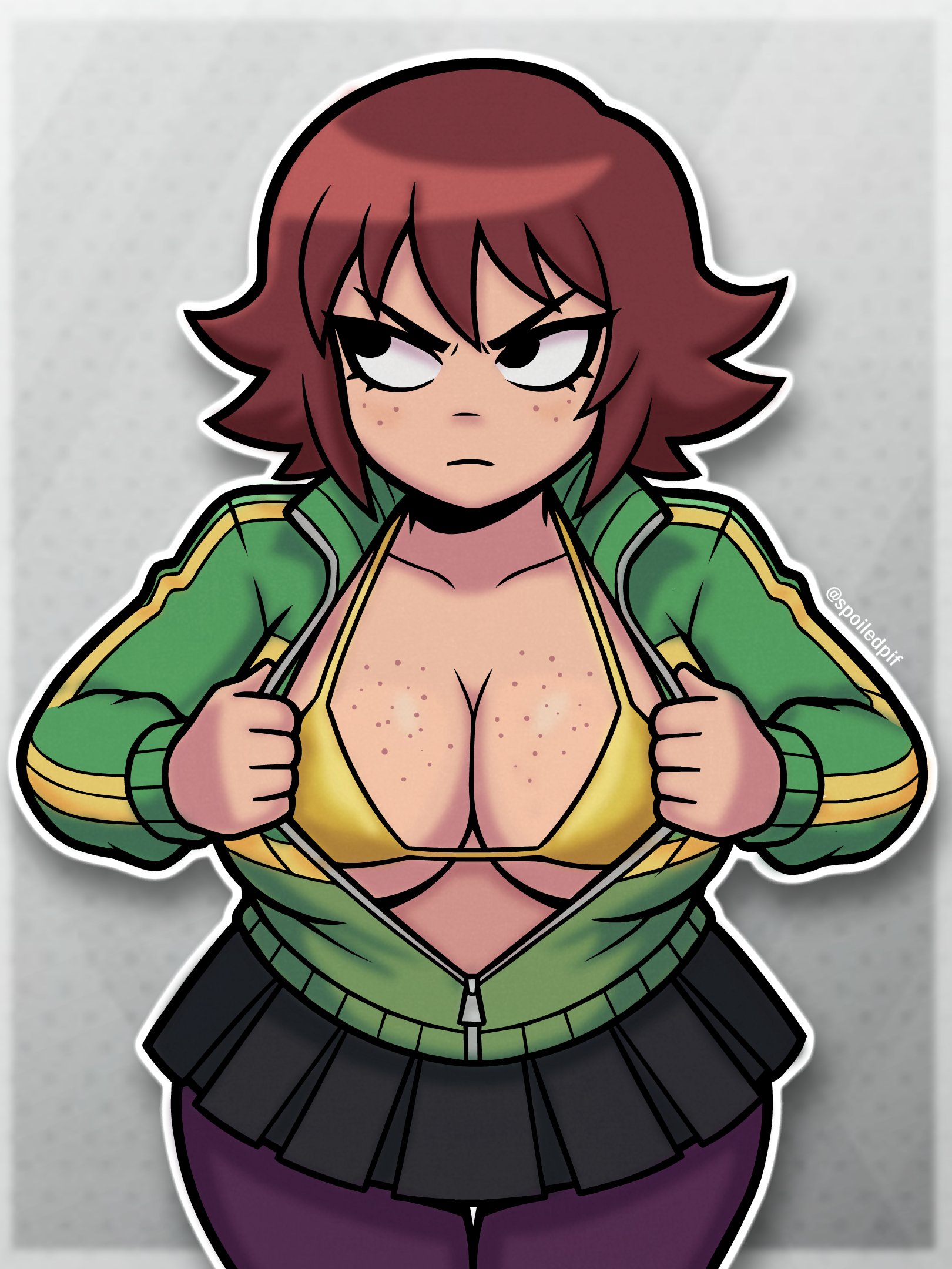 1girl, annoyed, auburn hair, blush, breasts, closed mouth, embarrassed, exposed breasts, female, flashing, freckles, freckles on breasts, freckles on face, kim pine, large breasts, looking to the side, scott pilgrim, scott pilgrim takes off, solo, spoiledpif, tsundere, yellow bikini