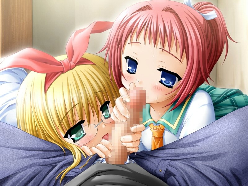 1boy 2girls censored collaborative_fellatio double_fellatio double_handjob fellatio game_cg glasses handjob licking mosaic_censoring multiple_fellatio multiple_girls oral pov teamwork threesome tongue tongue_out twin_handjob two-handed_handjob