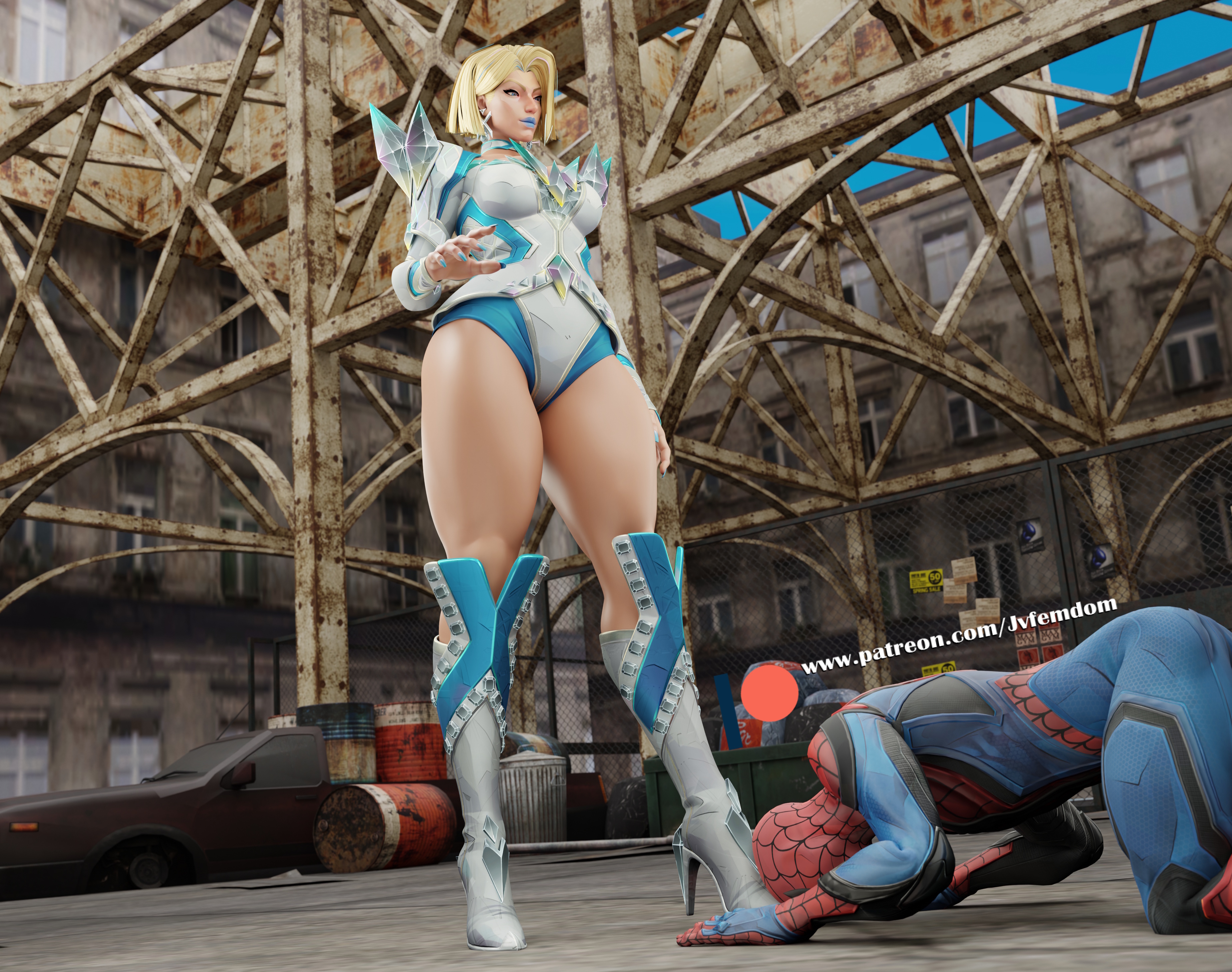 1boy, 1girl, 1girls, 3d, absurd res, armored female, arrogant, ass, ass up, baddie, beaten, blender, blonde hair, boot fetish, boots, bowing, catfight, choking, clothed, clothed female, defeated, dominant, dominant female, domination, dominatrix, emma frost, emma frost (marvel rivals), female, female domination, female/male, femdom, fully clothed, helpless, highres, humiliated, humiliating, humiliation, jpeg, jvfemdom, knee boots, legs, light skin, light-skinned female, light-skinned male, looking pleasured, low-angle view, male, male on female, male/female, marvel, marvel comics, marvel rivals, mixed wrestling, muscular, muscular thighs, non-nude, peter parker, pinned, pinned down, round ass, round butt, s, sadism, sadistic, sadistic female, short hair, sitting, smile, smirk, smug, smug face, smug grin, spider-man, straight, submission, submissive, superheroine, utter domination, villain, villainess, white boots, white queen, worship, worshipping