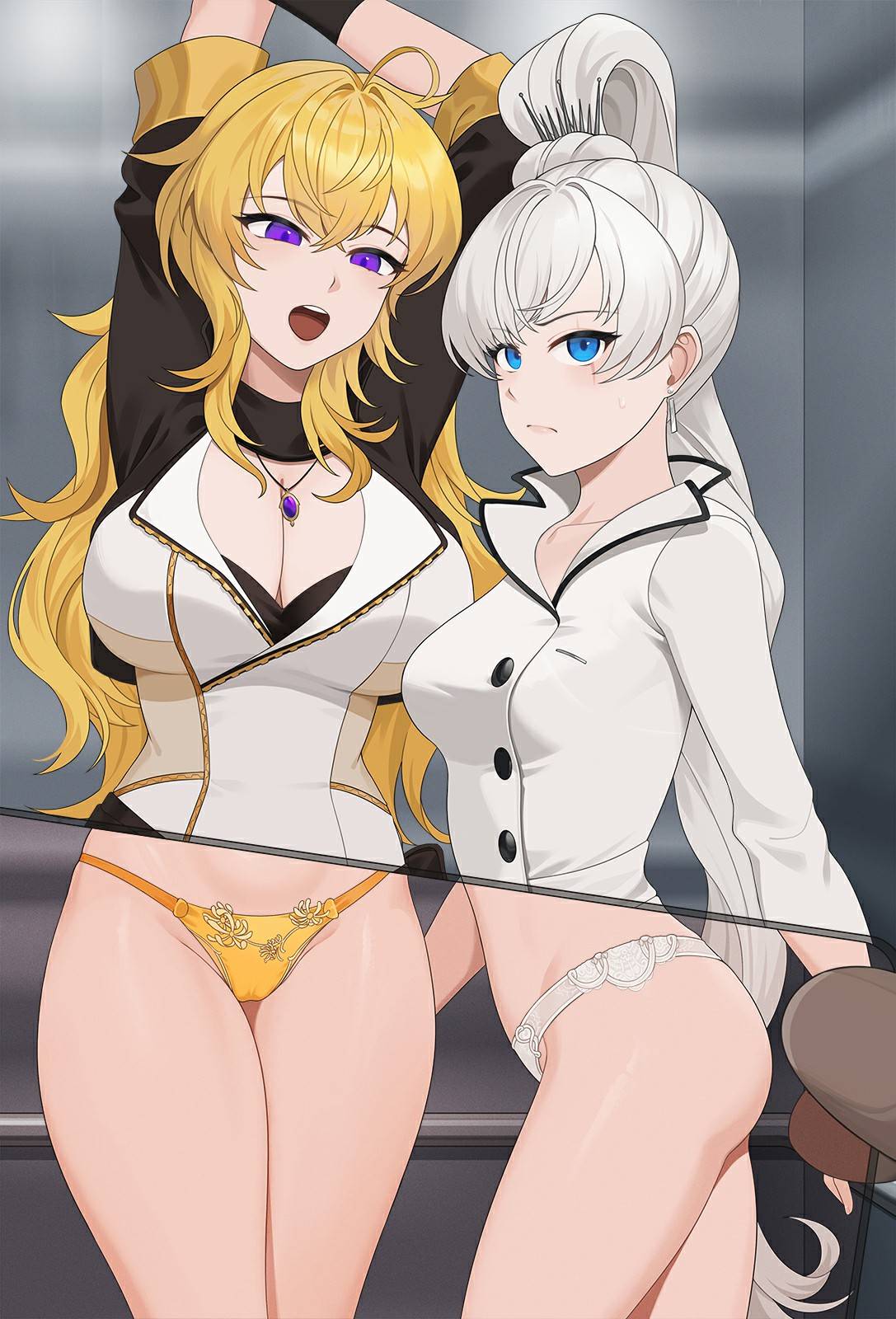 2026, 2d, 2d (artwork), 2girls, blonde female, blonde hair, blue eyes, bw-ring, cleavage, clothed, clothed female, female only, long hair, long hair female, pose, posing, purple eyes, rwby, scar across eye, thighhighs, weiss schnee, weiss schnee (vale), white hair, white hair female, yang xiao long, yang xiao long (vale)