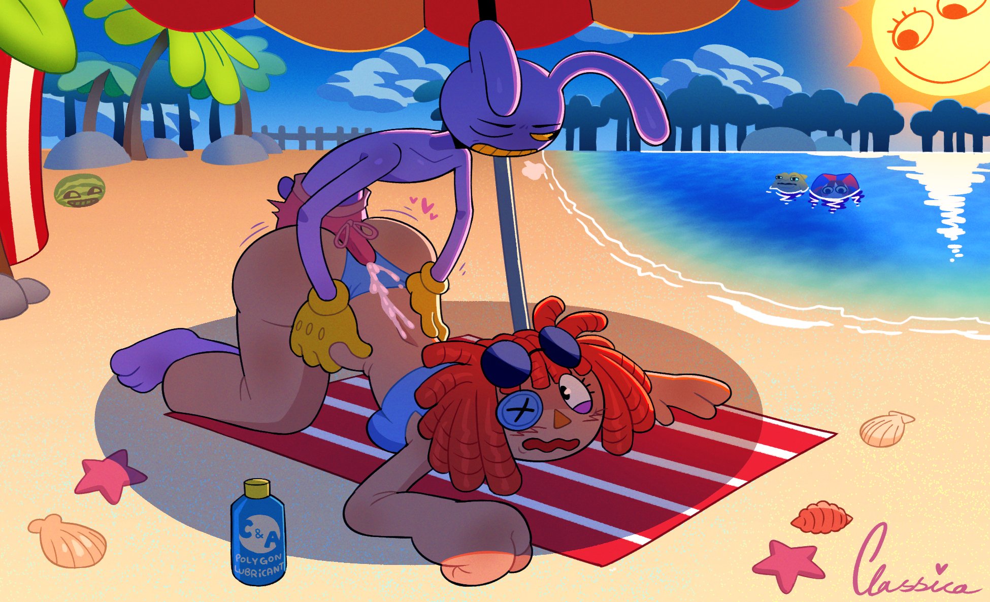 ass, beach, blush, buttjob, classica p, classica piecut, cum, cum through underwear, glitch productions, gooseworx, jax, jax (tadc), jax (the amazing digital circus), ragatha, ragatha (tadc), ragatha (the amazing digital circus), straight, sun (the amazing digital circus), sunglasses, tagme, the amazing digital circus, watermelon