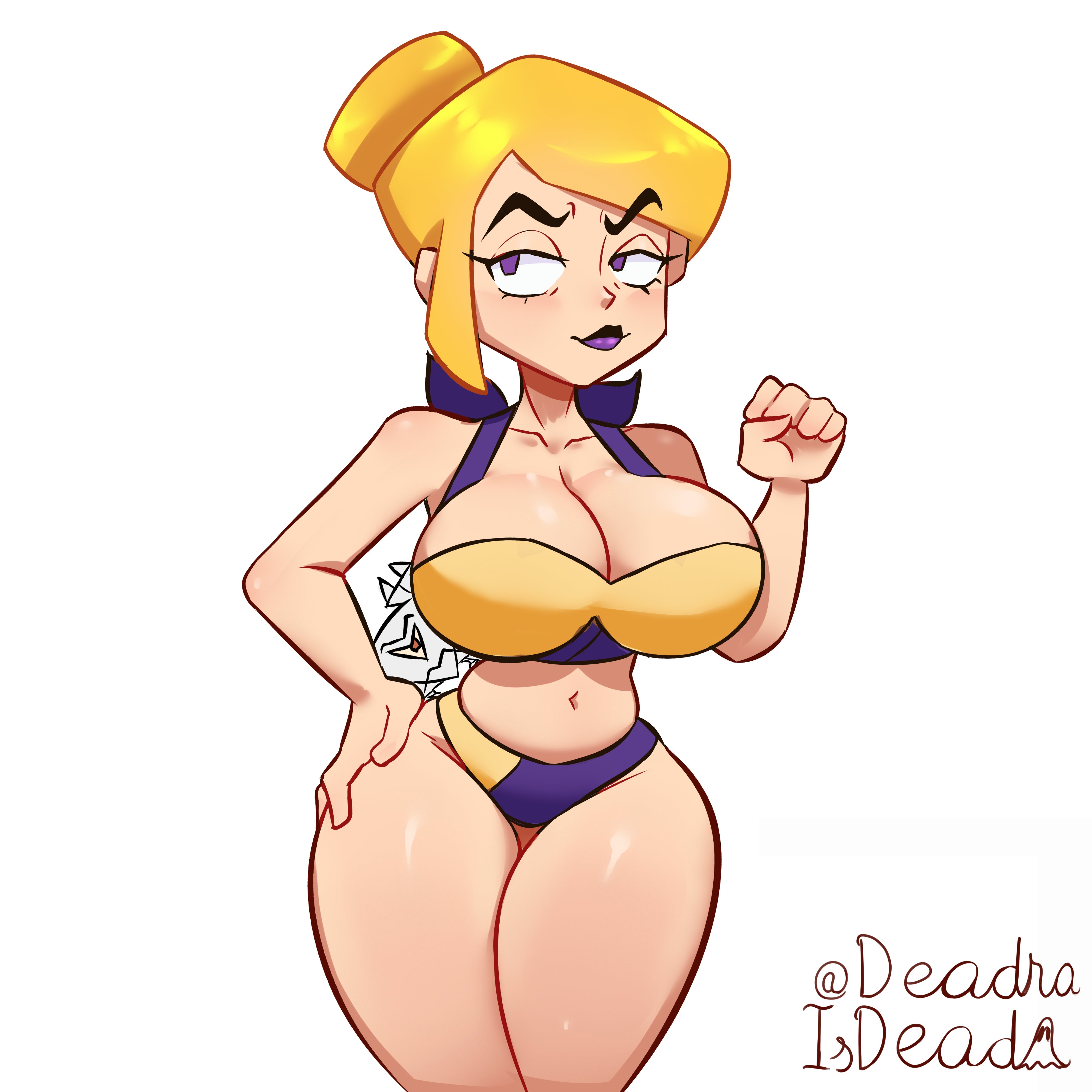bikini, blonde hair, blush, breasts, cleavage, deadraisdead, gameoverse, hand on hip, large breasts, miss information (gameoverse), navel, purple eyes, purple lipstick, slim waist, smile, solo, tagme, thick thighs, tied hair, voluptuous, wide hips