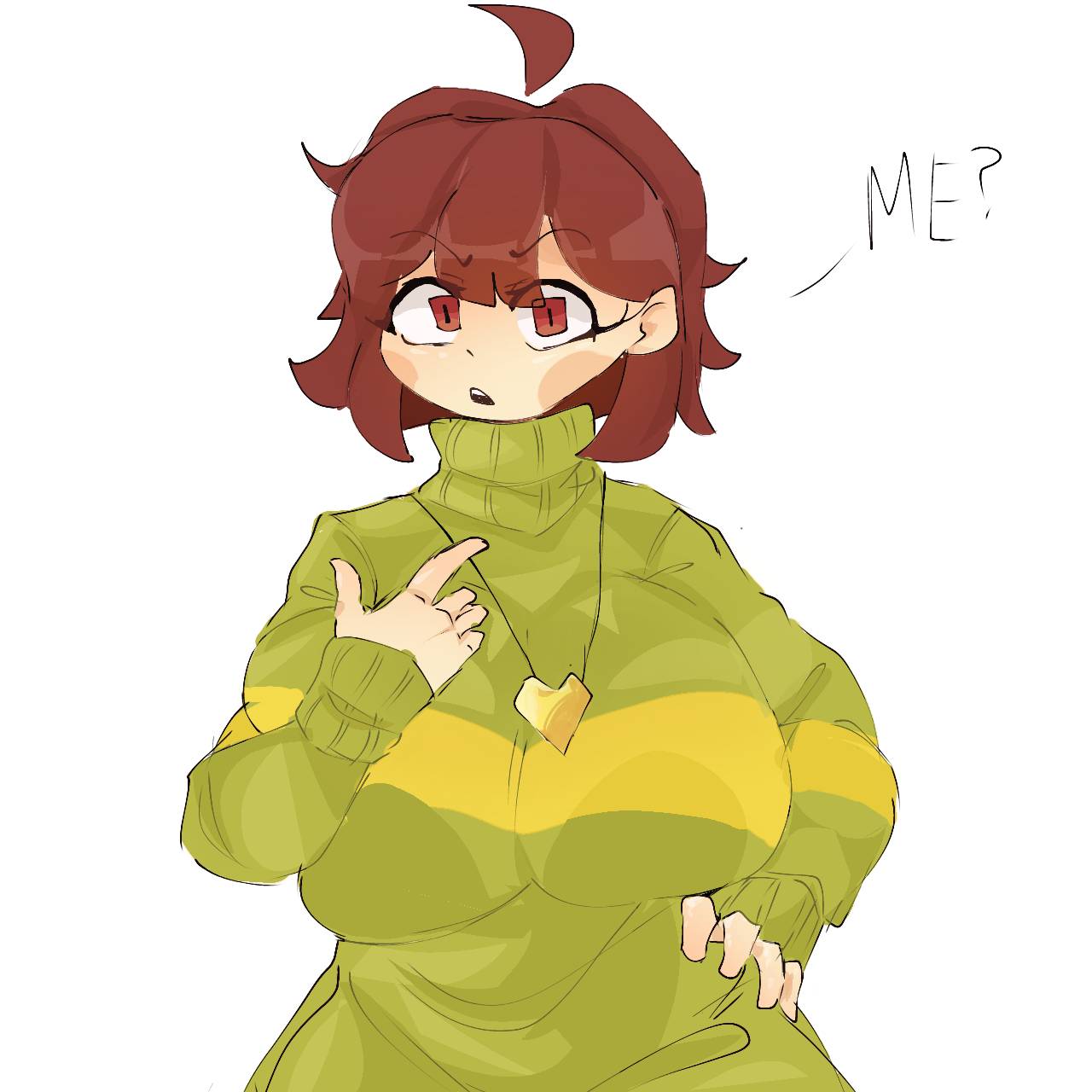 ?, 1girls, aged up, big breasts, breasts, brown hair, busty, chara, confused, female, female chara, female only, hand on hip, heart locket, huge breasts, meme, pointing at self, red eyes, rosy cheeks, sweater, tagme, text, undertale, undertale (series), zans nation