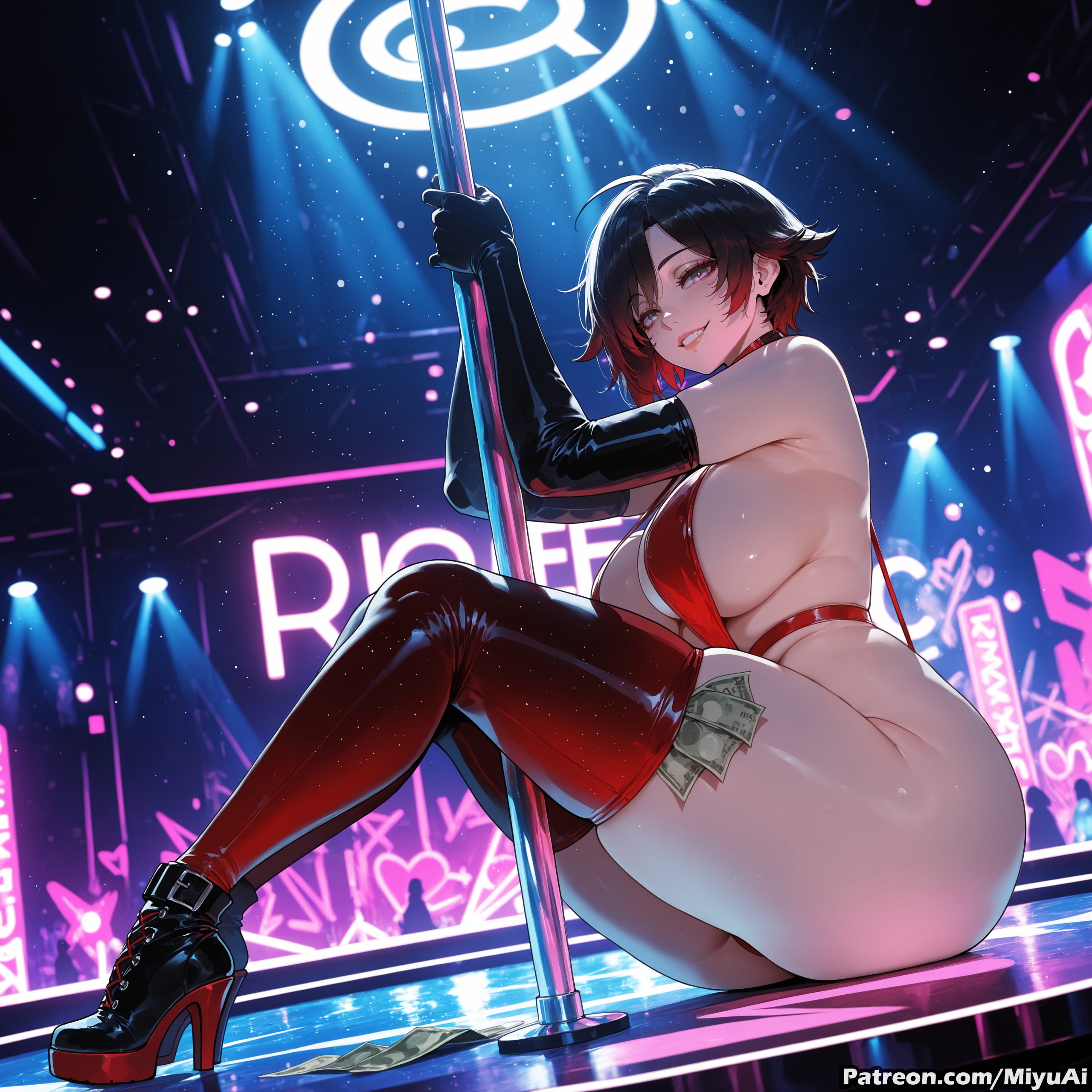 1girl, ai assisted, ai generated, ass, black footwear, black gloves, black hair, blush, boots, breasts, curvaceous, curvy, curvy female, curvy figure, elbow gloves, female, female only, gloves, grin, high heel boots, high heels, large breasts, looking at viewer, miyuai, moon, multicolored hair, parted lips, red hair, red legwear, ruby rose, rwby, short hair, sitting, sky, smile, solo, stripper, thick, thick ass, thick butt, thick hips, thick legs, thick thighs, thigh boots, thighhighs, voluptuous, voluptuous female, wide hips, wide thighs