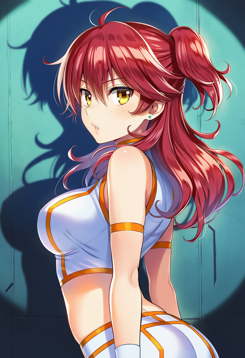 1girls ai_generated armband female_villain freckles freckles_on_face ginger ginger_female ginger_hair gundam gundam_00 large_breasts mobile_suit_gundam nena_trinity over-kneehighs pale-skinned_female pale_skin red-haired_female red_hair shorts stud_earrings thigh_highs thighhighs twintails twintails_(hairstyle) villainess wristband yellow-eyed_female yellow_eyes
