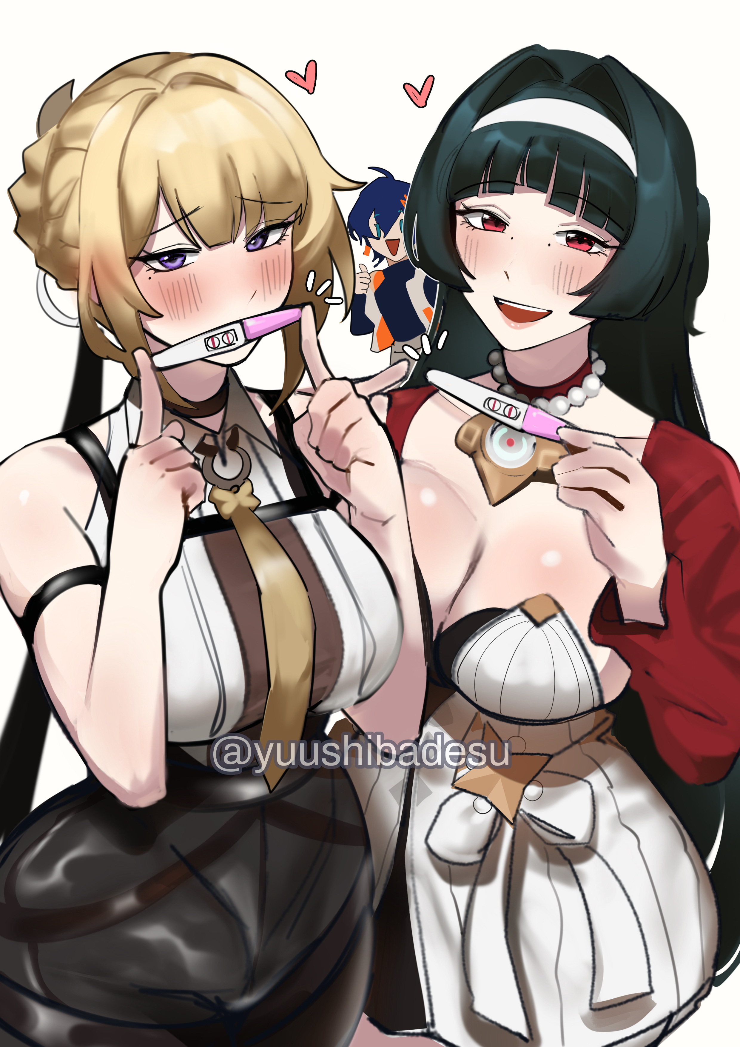 3girls, after sex, ahoge, astra yao, belle (zenless zone zero), belt straps, big breasts, black eyebrows, black hair, black skirt, blonde hair, blue hair, blush, blushing, blushing at viewer, breasts, choker, clothed, clothed female, crown braid, embarrassed, embarrassed expression, embarrassed female, evelyn chevalier, eyebrows raised, female only, furrowed brow, furrowed eyebrows, hair ornament, hairband, hairclip, hands up, heart, hearts, holding object, jacket, leather, leather straps, light skin, light-skinned female, long hair, looking at viewer, looking back, male pov, mouth open, offscreen character, open mouth, pearl necklace, pointing, pov, pregnancy, pregnancy test, purple eyes, raised eyebrows, red eyes, red jacket, ribbon, short hair, simple background, skirt, smiling, smiling at viewer, straps, thumbs up, tie, tied hair, voluptuous, white background, white dress, white shirt, wise (zenless zone zero), yuushiba, zenless zone zero