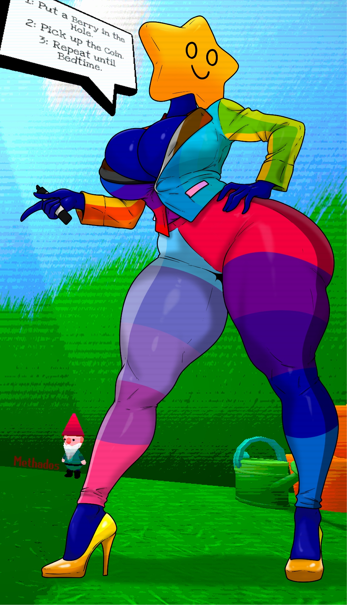 berry bury berry, hand on hip, heels, large breasts, large thighs, mascot horror, methados, ms. rainbow, multicolored clothing, standing, tagme, tight clothing, upward angle