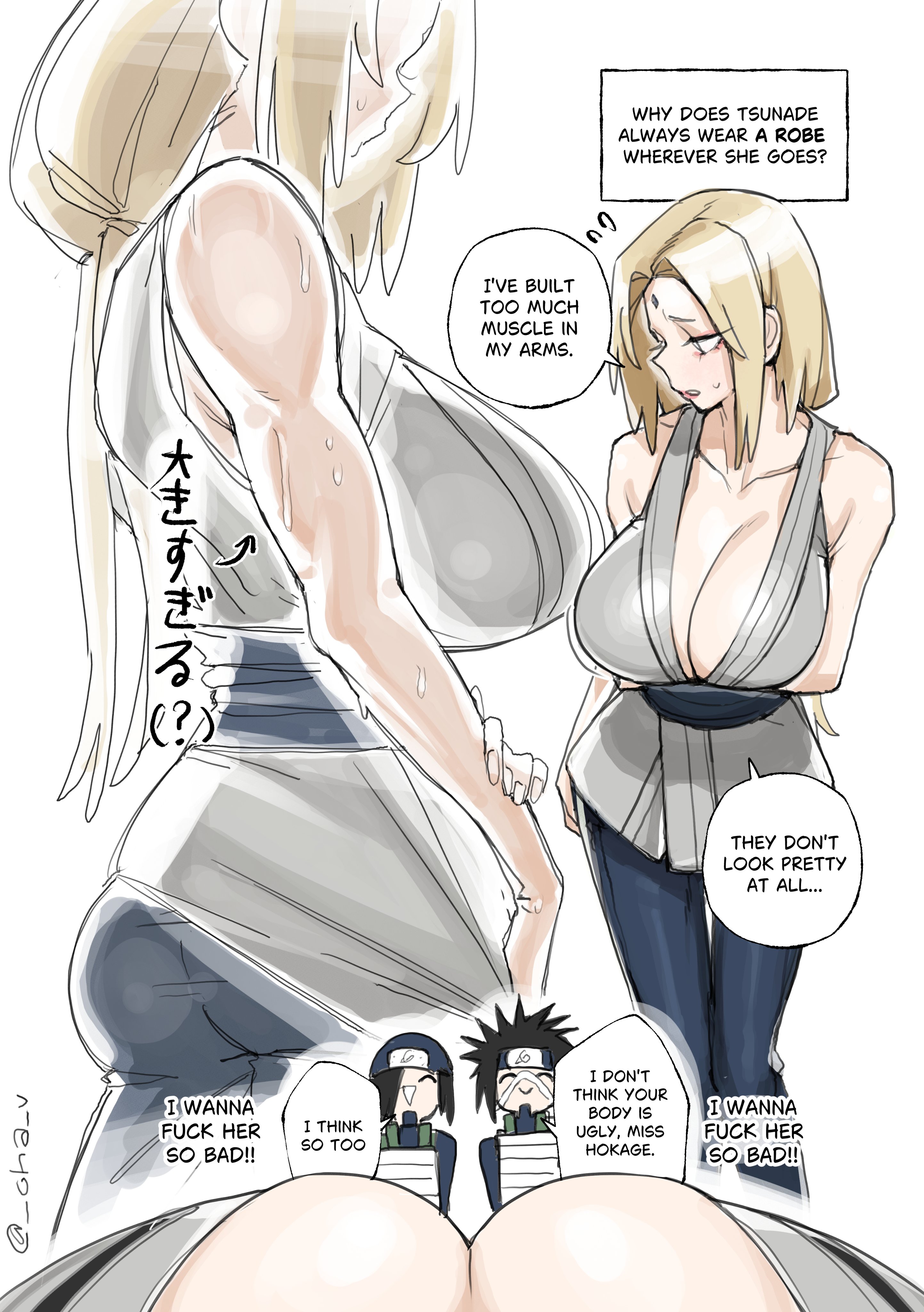 2boys, absurdres, ass, blonde hair, blue pants, breasts, cleavage, commentary, embarrassed, english commentary, female pov, from side, grey kimono, hagane kotetsu, half-closed eyes, highres, huge breasts, japanese clothes, kamizuki izumo, kimono, kohakv, milf, multiple boys, multiple views, naruto, naruto (series), ohkohaku, pants, pov, pov breasts, sideboob, sleeveless, standing, sweat, tsunade, voluptuous
