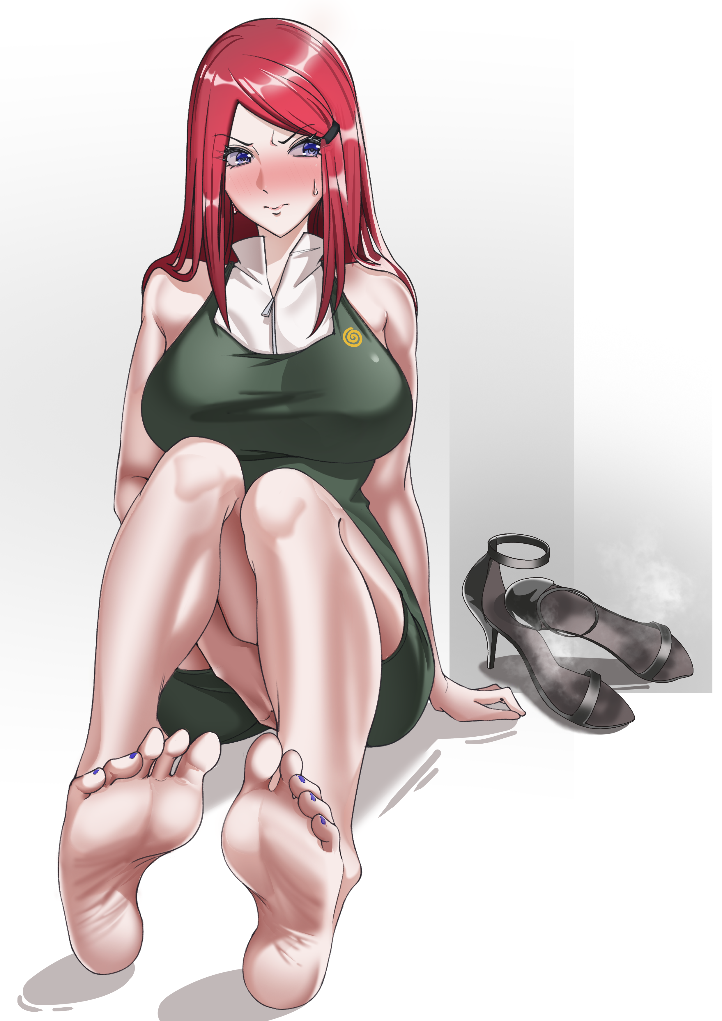 00o0, 1girls, absurd res, absurd resolution, absurdres, alternate version available, bare arms, bare legs, bare shoulders, barefoot, big breasts, black heels, black high heels, blue eyes, blue nail polish, blue nails, blue toenail polish, blue toenails, blush, busty, clothed, clothing, dress, feet, female, female focus, female only, fingering, fingering self, foot fetish, foot focus, footwear, footwear removed, fully clothed, hairclip, heels, heels removed, hi res, high heels, high heels removed, high resolution, highres, kushina uzumaki, large breasts, legs, light skin, light-skinned female, long legs, masturbation, mature, mature female, milf, nail polish, nails painted, naruto, naruto (series), naruto shippuden, naruto: road to ninja, nose blush, painted nails, painted toenails, pale skin, pale-skinned female, pinup, presenting feet, presenting soles, red hair, shonen jump, short dress, shounen jump, shueisha, sitting, smelly feet, smelly shoes, soles, solo, solo female, solo focus, stiletto heels, sweat, sweatdrop, toenail polish, toenails, toenails polish, toes, uzumaki kushina, uzumaki symbol, vaginal fingering, very high resolution, weekly shonen jump, weekly shounen jump, wrinkled feet, wrinkled soles