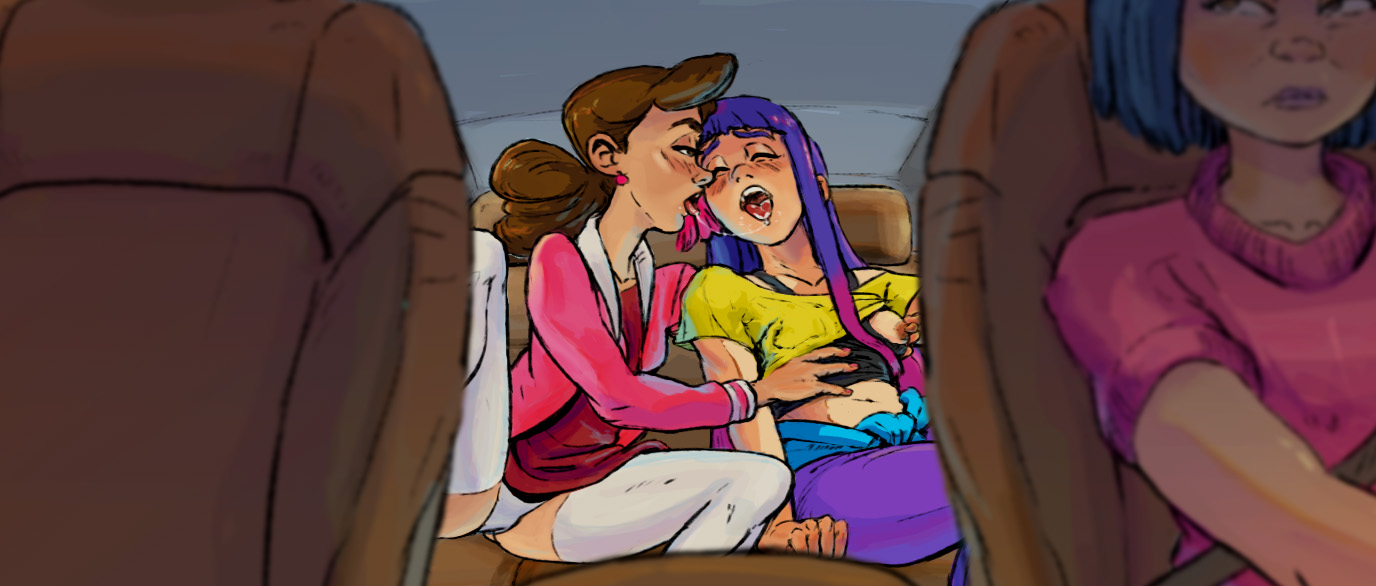 after kiss, brown hair, eyes closed, fondling breast, glitch techs, incest, julesartstash, kissing, mayumi kubota, miko kubota, mother, mother and daughter, nica kubota, panties, purple hair, saliva trail, siblings, sisters, spread legs, voyeur, yuri