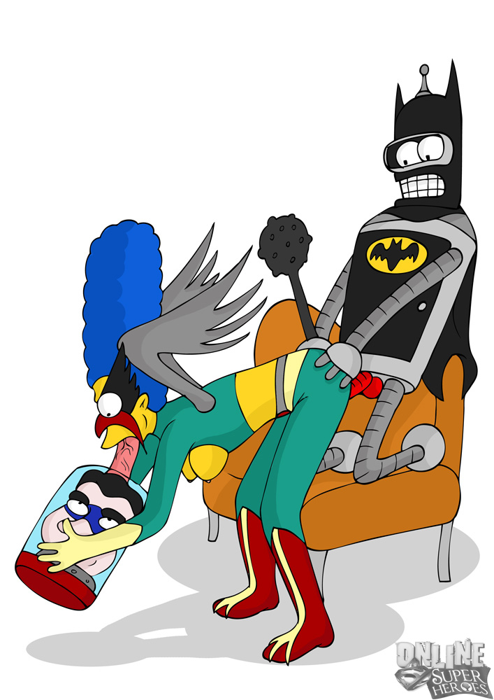 batman_(cosplay) bender_bending_rodriguez blue_hair breasts color cosplay crossover female futurama hair human mace male marge_simpson multiple_males online_superheroes richard_nixon robot skin the_simpsons yellow_skin