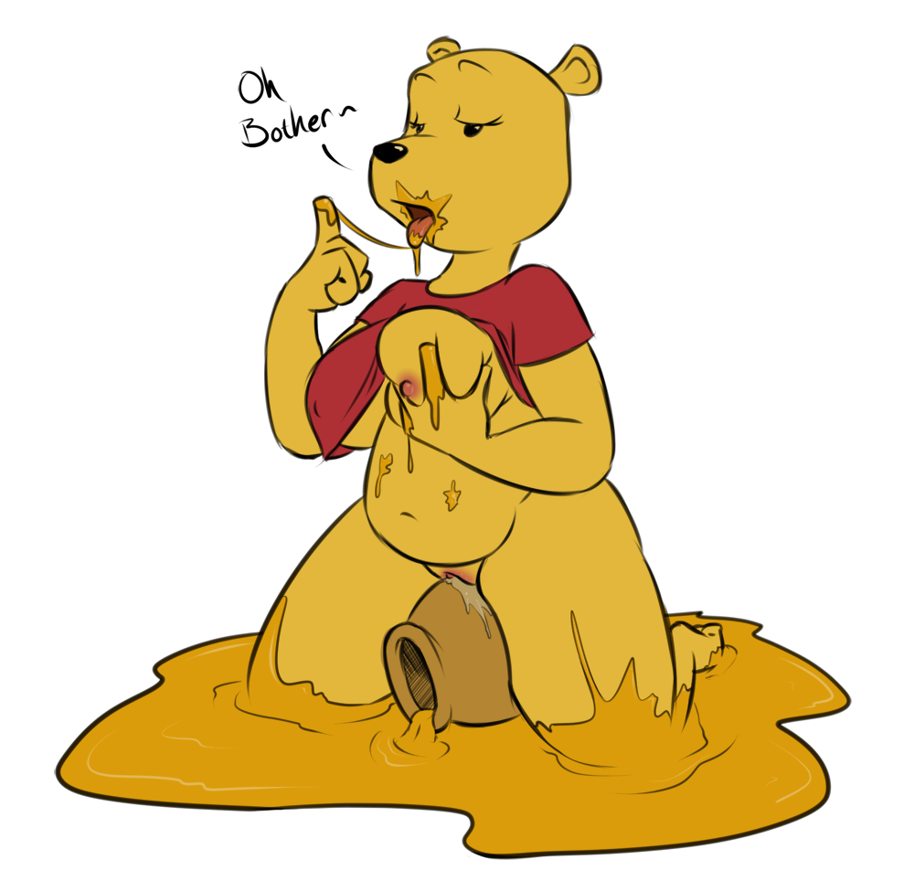 alkanespasm anthro bear belly black_eyes black_nose bottomless breast_grab breasts chubby clothes color dialog disney english_text female female_only genderswap honey kneeling nipples open_eyes open_mouth pooh_bear pussy_juice round_ears rule_63 shirt shirt_lift smooth_skin solo text tongue tongue_out transparent_background vulva winnie_the_pooh_(franchise)