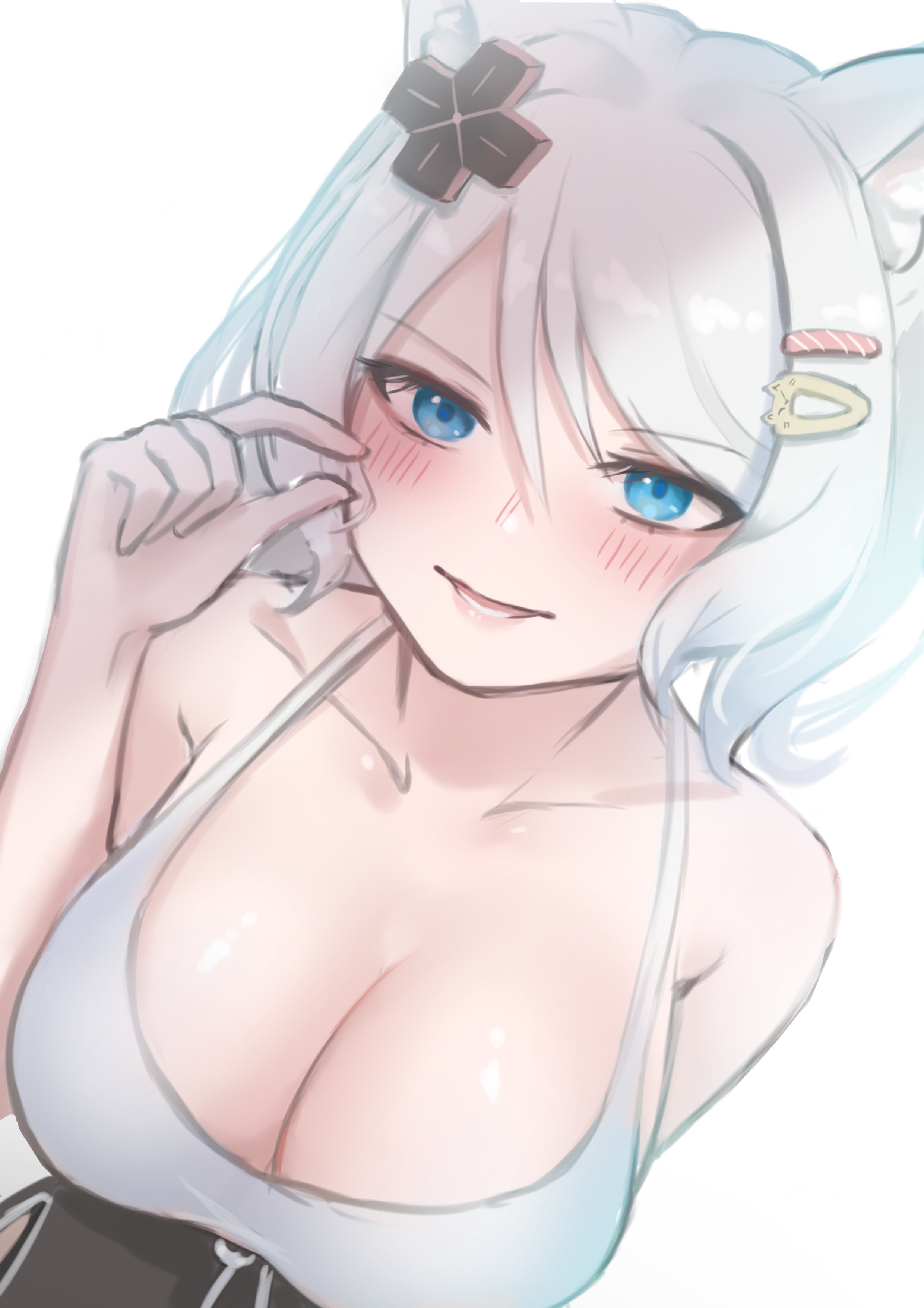 1girls, arms behind back, big breasts, blue eyes, blush, blushing at viewer, booty shorts, breasts, cleavage, collarbone, eyebrows visible through hair, female, fox ears, fox girl, gesture, hair ornament, humiliation, large breasts, light skin, light-skinned female, looking at viewer, looking down, male, meridian project, mizuki (vtuber), penis, pinching gesture, short hair, shorts, simple background, small penis gesture, small penis humiliation, solo, strap gap, tank top, upper body, virtual youtuber, white background, white hair, white tank top