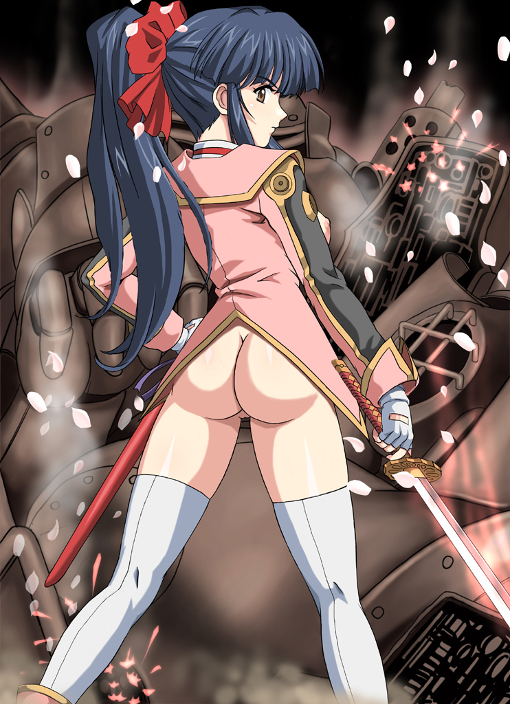 1girls ass blue_hair bodysuit bow breasts brown_eyes clothing goldmund hair_ribbon long_hair looking_at_viewer looking_back medium_breasts nipples ponytail sakura_shinguji sakura_wars stockings sword tagme