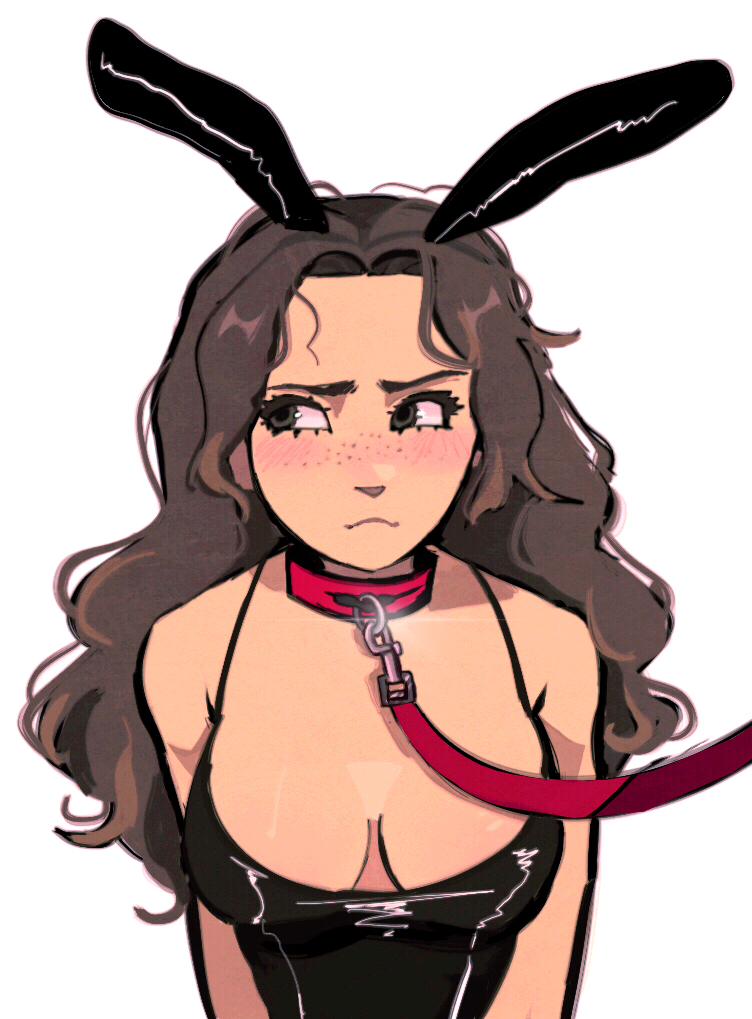 1girls blush breasts brown_hair bunny_ears bunnysuit color dog_collar female freckles hexia_(miaormoa) latex leash messy_hair miaormoa(artist) necklace original solo