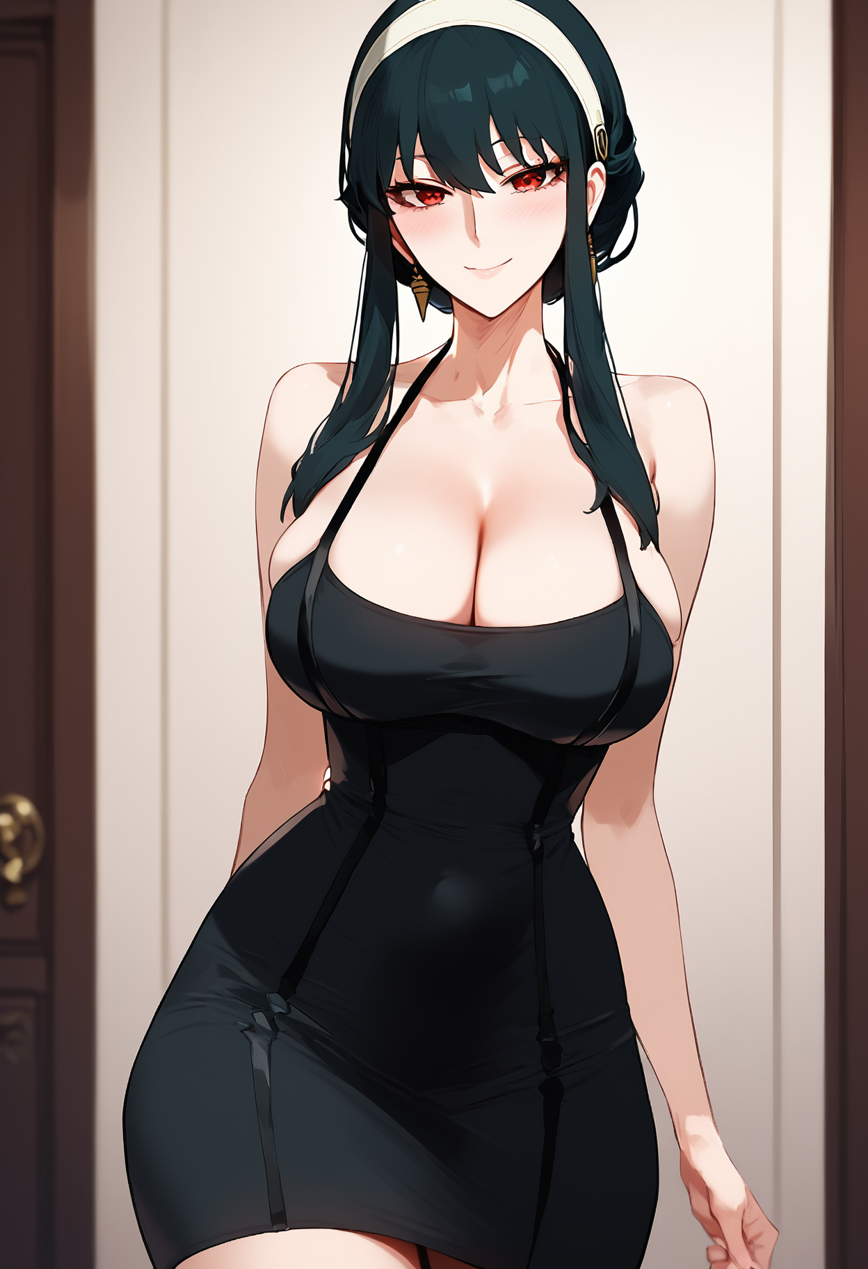 1girls, 2024, ai generated, big breasts, breasts, cleavage, dress, elxarisartz, female, huge breasts, self upload, smile, solo, spy x family, standing, yor briar
