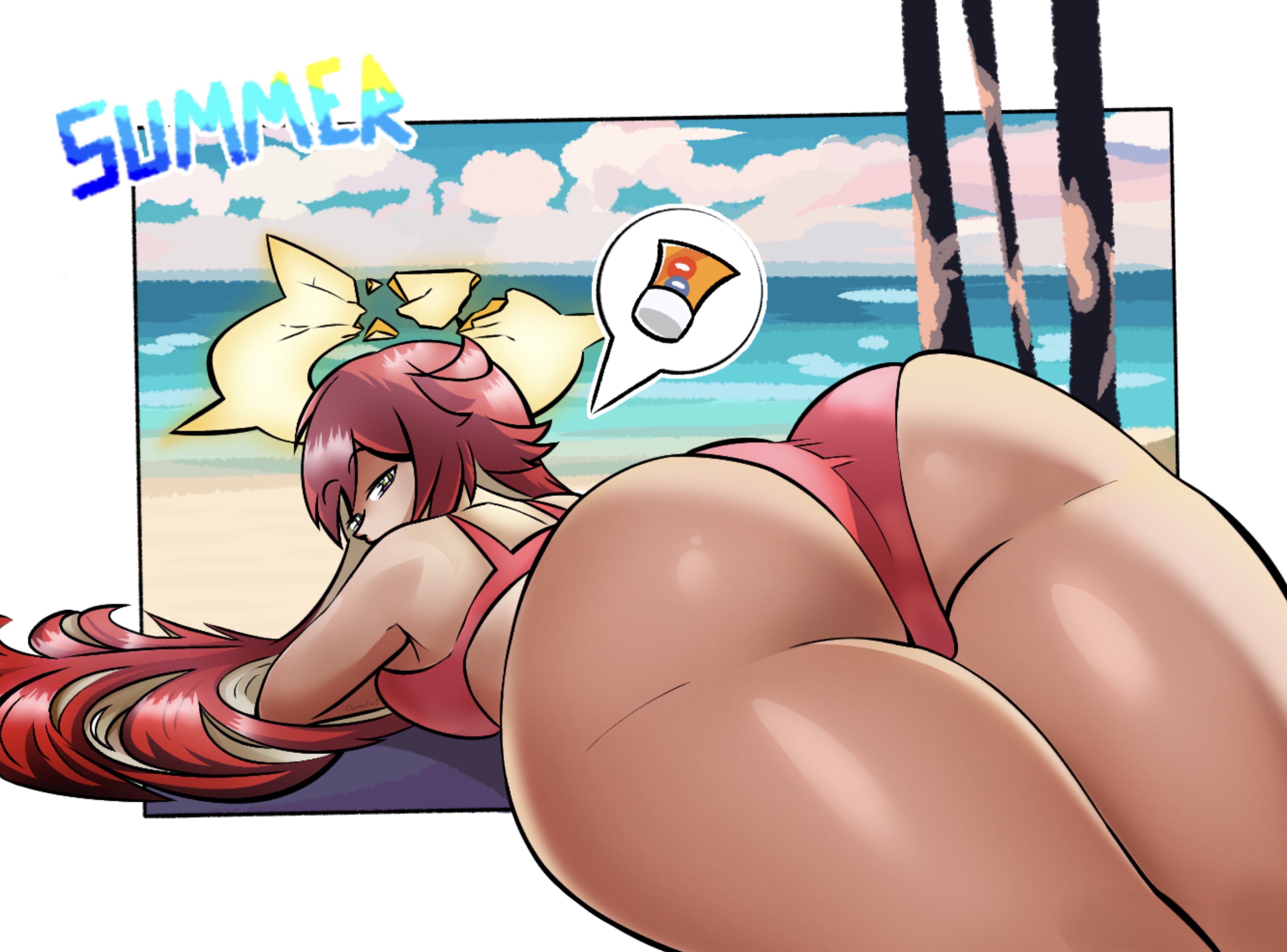 1girls, arc system works, ass, beach, big ass, female, guilty gear, guilty gear strive, halo, jack-o' valentine, long hair, looking back, lying on stomach, palm tree, red hair, sea, seaside, speech bubble, sunscreen