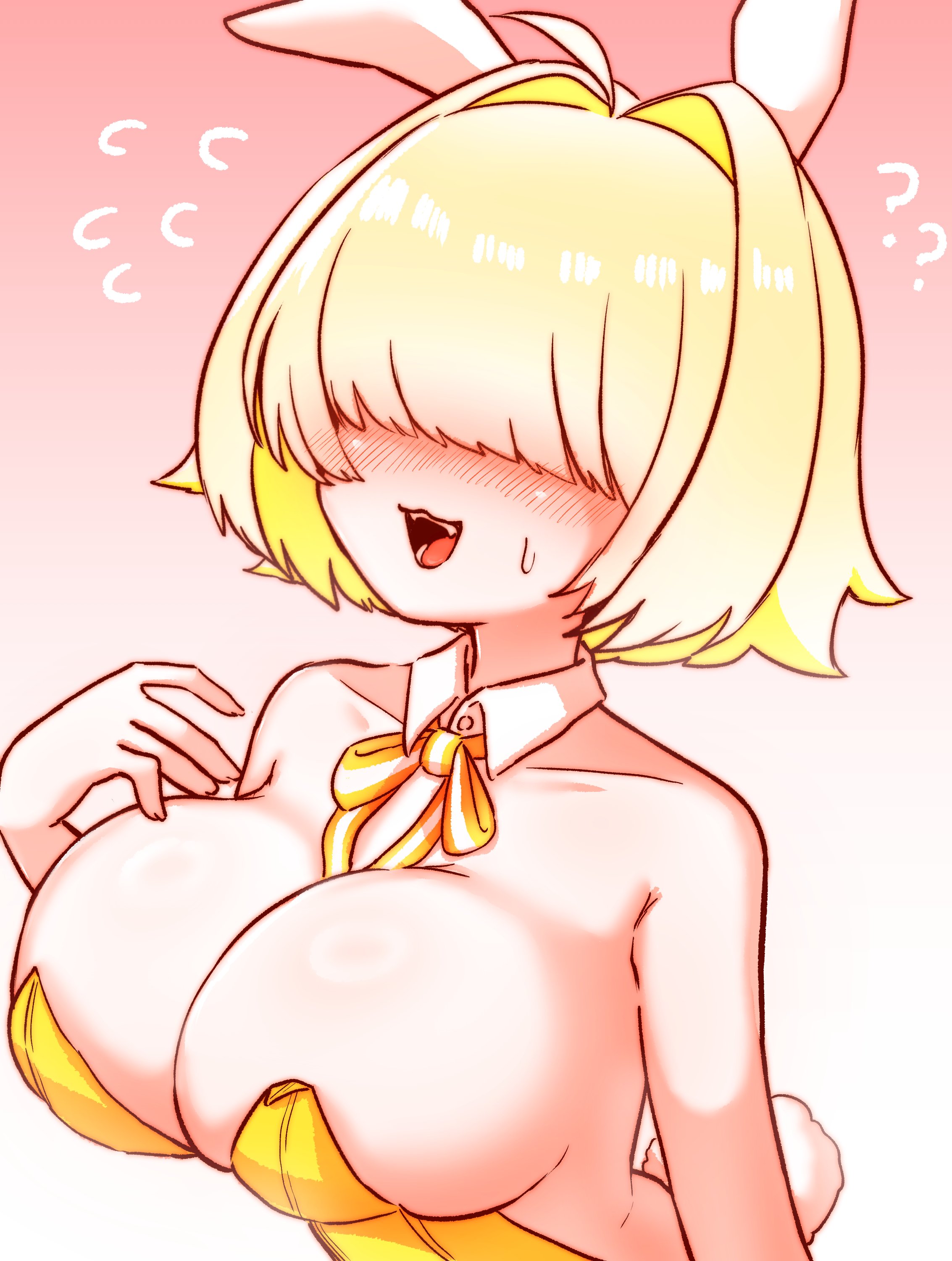 1girls, ahoge, artist request, blonde hair, blush, breasts, bunny ears, bunnysuit, cleavage, elegg (nikke), female, female only, goddess of victory: nikke, hair over eyes, large breasts, open mouth, short hair, simple background, sweatdrop