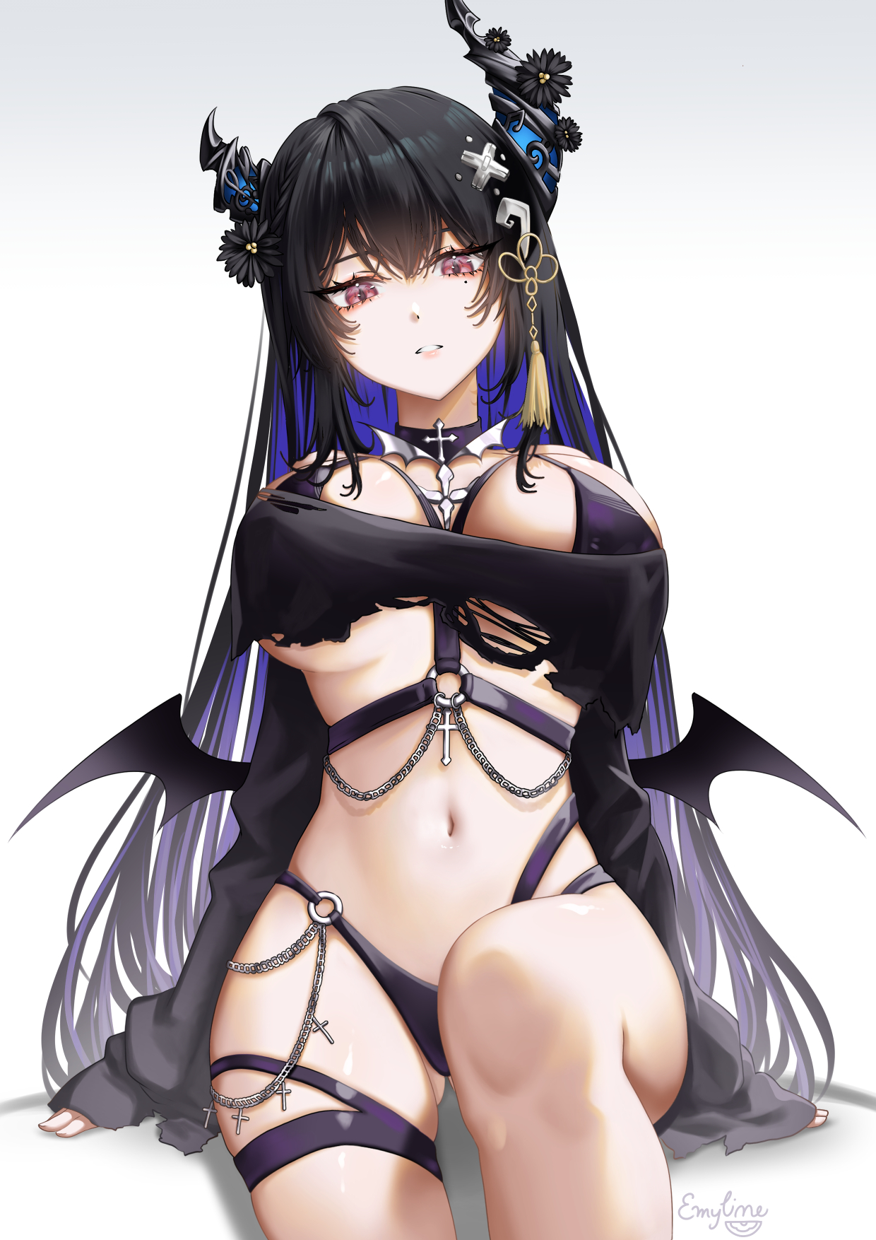 1girls, 2d, 2d (artwork), alternate costume, belly button, big breasts, black hair, black horns, black thong, blue hair, bra, breasts, demon horns, emylime, female, female focus, female only, front view, high resolution, highres, hololive, hololive english, hololive english -advent-, horns, hourglass figure, light skin, light-skinned female, long hair, looking at viewer, mole, mole under eye, navel, nerissa ravencroft, pink eyes, simple background, slim female, solo, solo female, solo focus, thong, two-tone hair, virtual youtuber, vtuber, vtuberfanart, white background, young, younger female