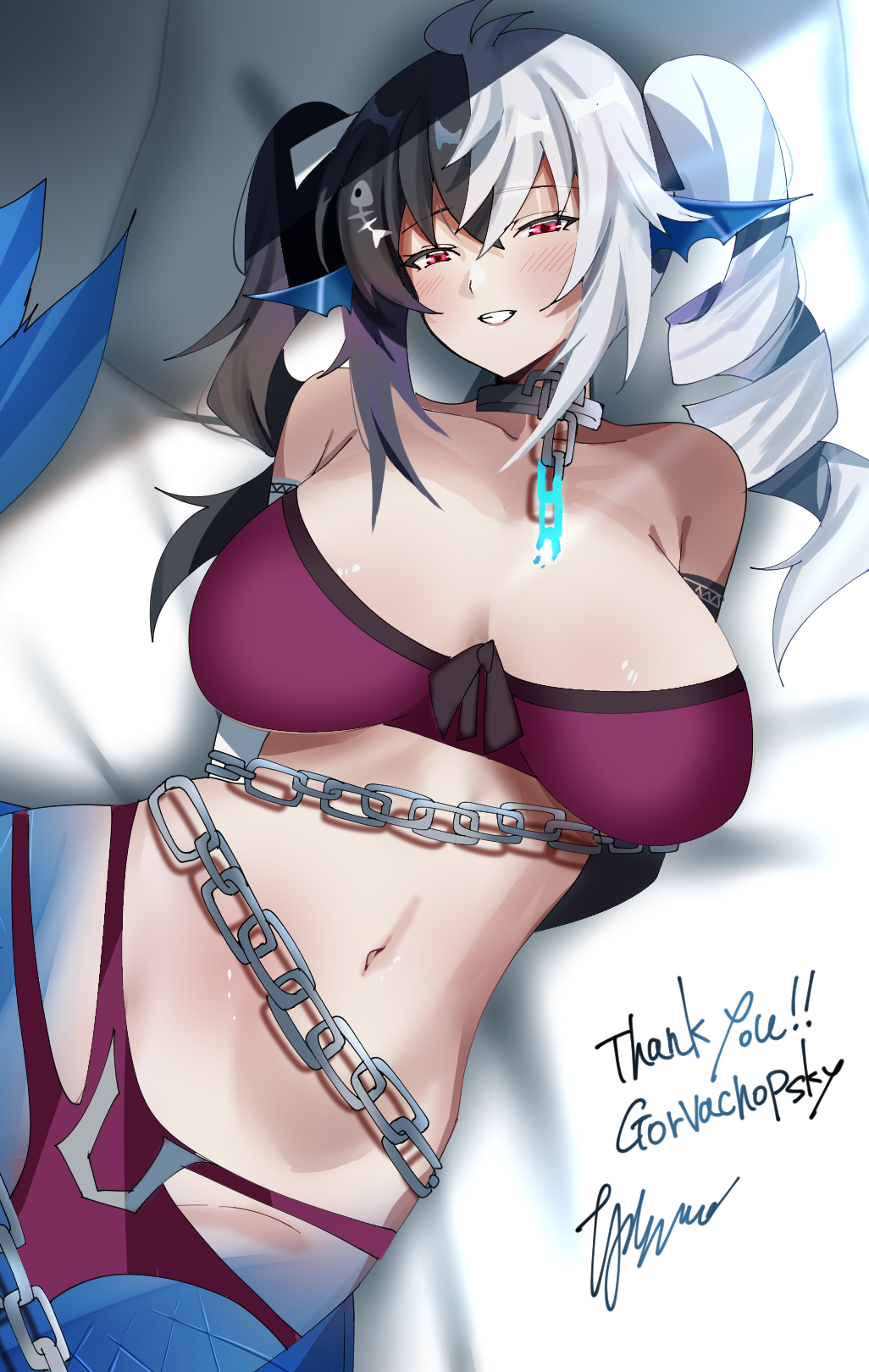 1girls arms_behind_back artist_signature bed big_breasts black_and_white_gloves black_gloves black_hair blue_ears blue_scales blue_tail blush blush_lines blushing_at_viewer bondage bra breasts breasts_bigger_than_head chained_collar chained_up chains clothed clothed_female clothing collar collarbone color colored commission eyebrows eyebrows_visible_through_hair eyelashes eyes_open fair-skinned_female fair_skin female female_only fishbone hair_between_eyes hair_ornament hair_ribbon inguinal_crease inguinal_line large_boobs large_breasts loincloth long_gloves long_hair looking_at_viewer lying_on_back lying_on_bed mermaid mermaid_ears mermaid_girl mermaid_tail midriff monster_girl multicolored_gloves multicolored_hair murmaider navel open_eyes open_mouth pink_bra red_eyes skeb_commission solo spirit_chain split-color_hair tail topwear tummy twin_drills twitch twitch.tv two-tone_hair two_tone_hair virtual_youtuber vtuber vtuberfanart white_background white_bed white_bed_covers white_bed_sheet white_bedding white_gloves white_hair