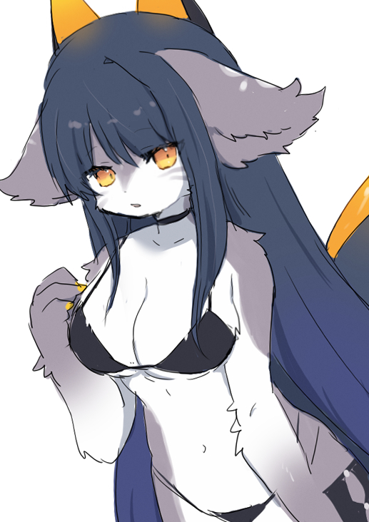 1girls anthro bangs big_breasts black_hair blue_hair bra breasts claws cute cute_fang female female_only furry furry_only grey_body grey_fur hime_cut horns long_hair looking_at_viewer navel open_mouth orange_eyes panties paws simple_background spommmm stockings white_fur wholesome