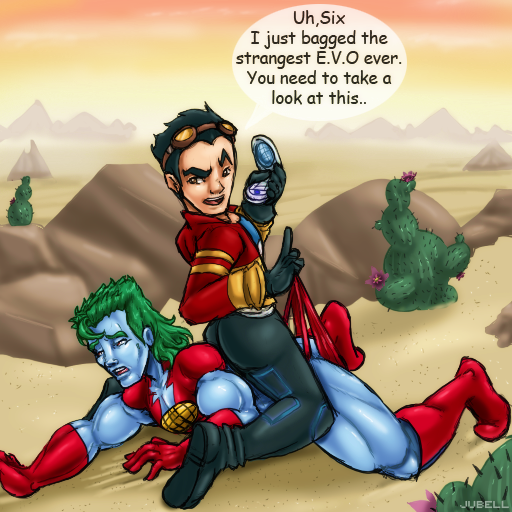 alien blue_skin cactus captain_planet captain_planet_and_the_planeteers cartoon_network clothed crossover desert generator_rex gloves green_hair human jubell male male_only multiple_males outdoors rex_salazar shorts_pull sitting_on_person straddling tagme yaoi