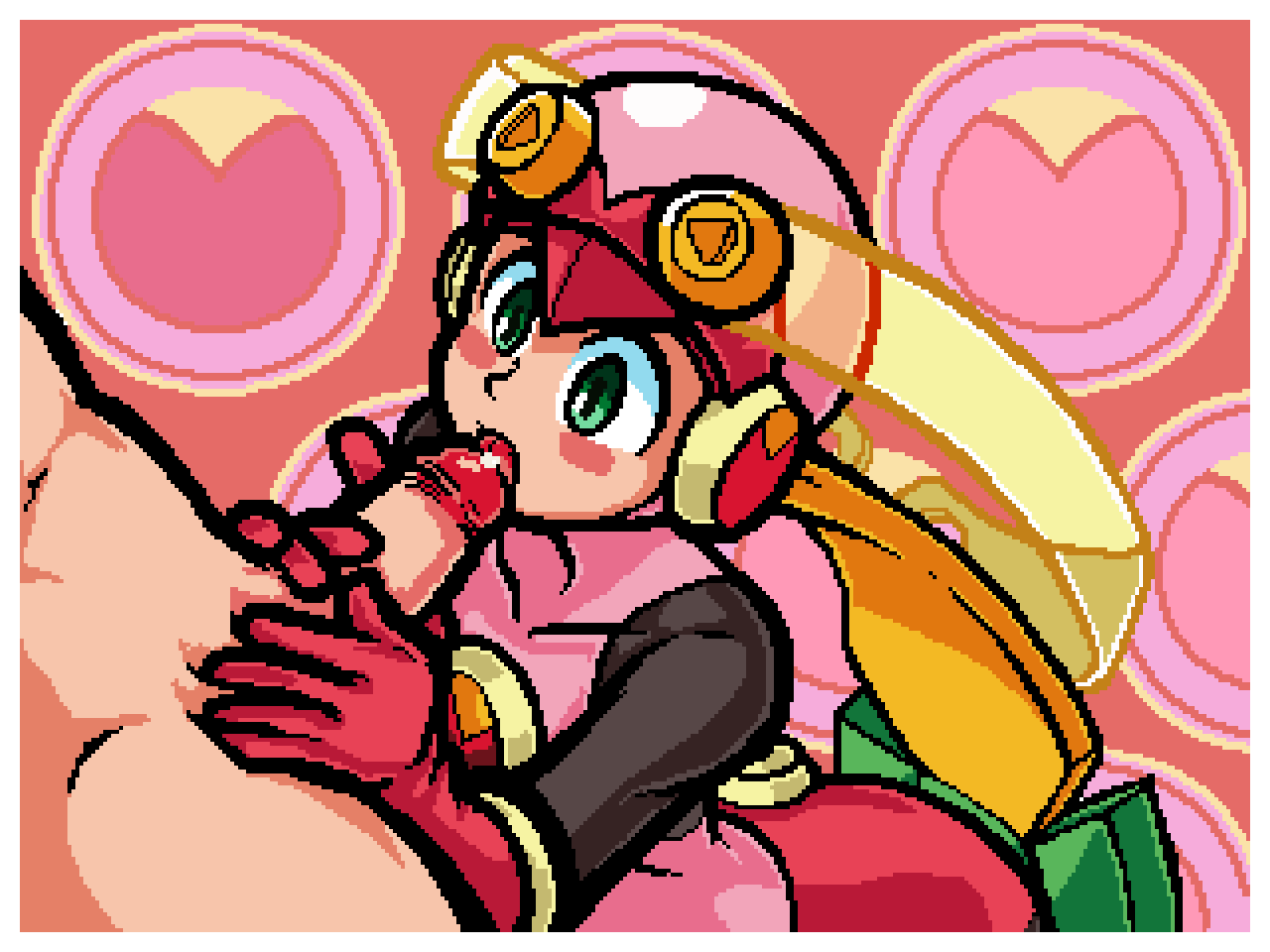 1boy 1girls ass blush bodysuit helmet leotard licking_penis mega_man mega_man_battle_network penis pixel_art roll.exe thegaboefects