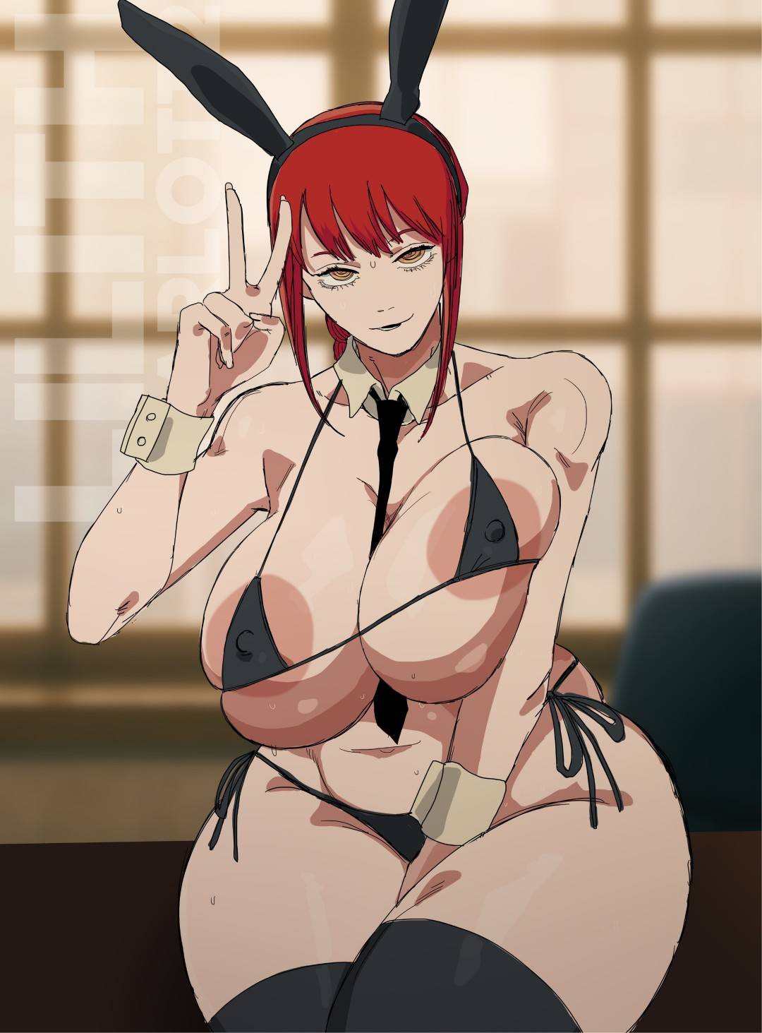 1girls, ass, breasts, bunny girl, chainsaw man, dress, female, gigantic breasts, huge ass, lilithcharlott2, makima (chainsaw man), necktie between breasts, nipples visible through clothing, peace sign, red hair, swimsuit, tagme, tagme (artist)
