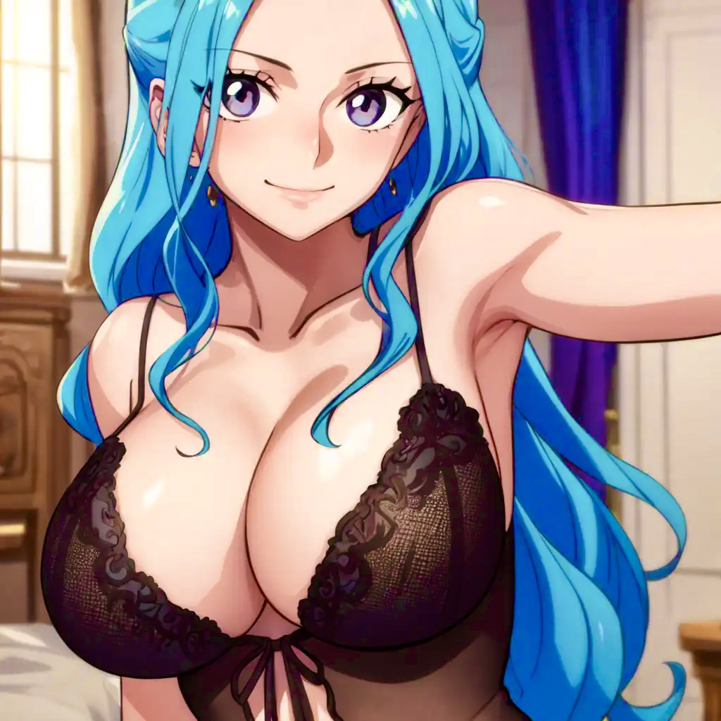 ai generated, armpits, artist request, big breasts, blue hair, breasts, cleavage, earrings, female, female only, indoors, lingerie, long hair, nefertari vivi, one piece, princess, purple eyes, smiling