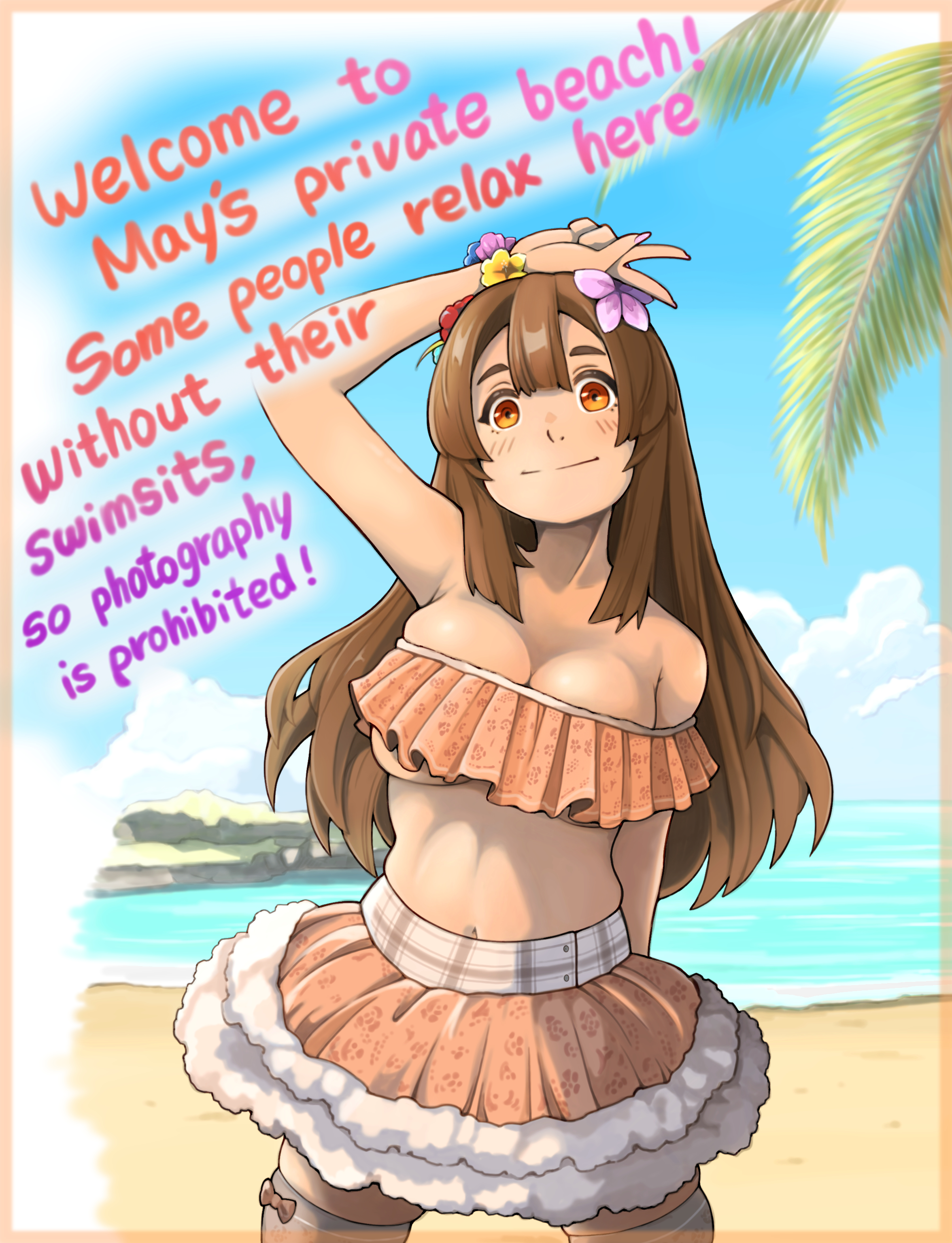 arc system works, beach, beach background, belly, belly button, bikini, brown hair, cleavage, flower bracelet, flower in hair, flowers in hair, guilty gear, guilty gear strive, happy, happy female, may (guilty gear), midriff, nude beach, orange eyes, palm leaf, palm tree, short skirt, skirt, sugag, swimsuit, swimwear, text, thigh highs, thigh socks, thighs, underboob, water
