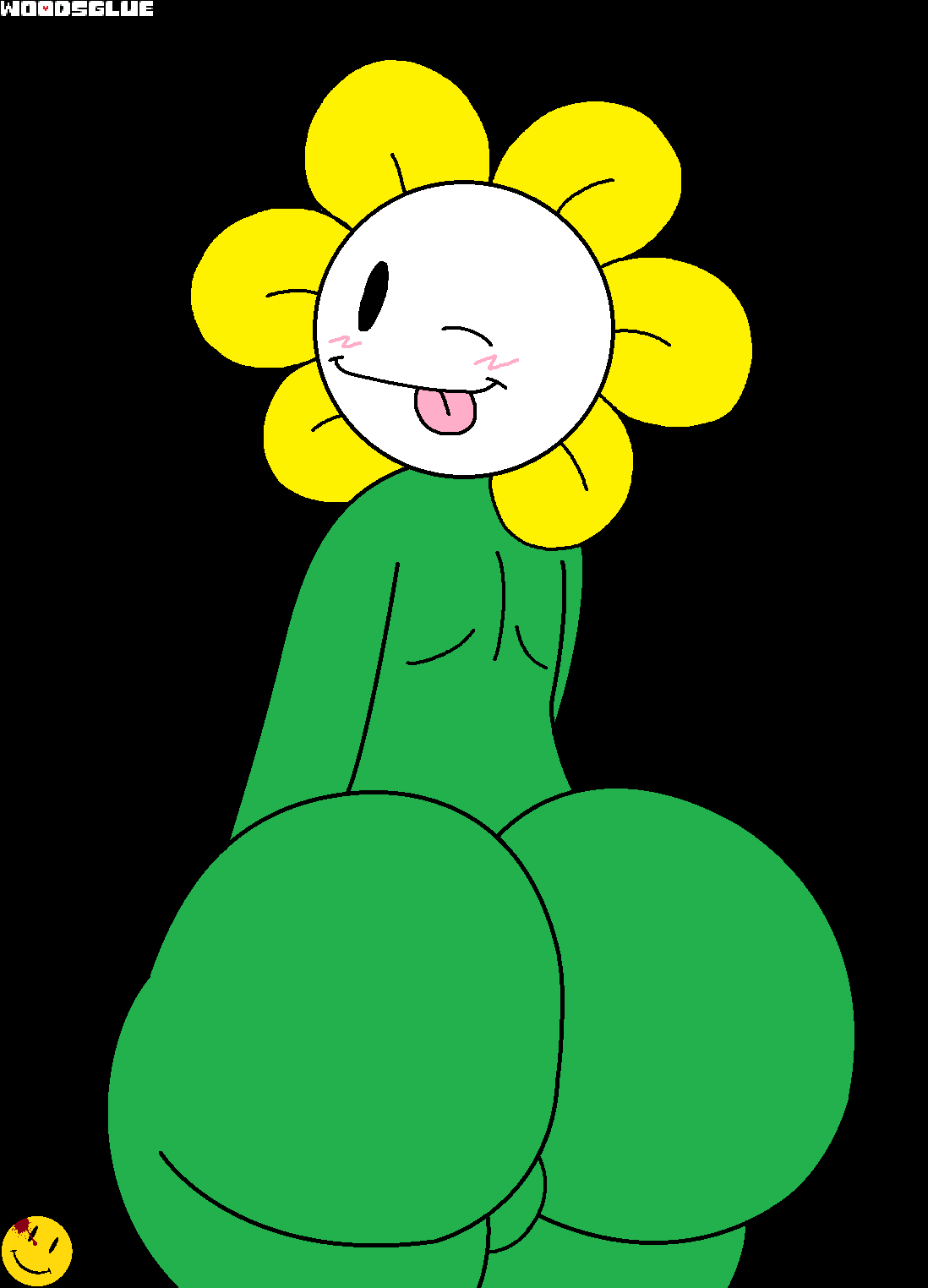 1boy 1male ;p ass_bigger_than_head back_view big_ass big_butt blush flora_fauna flowey_the_flower flowey_with_nothing_else_but_a_massive_ass gay huge_ass male male_only naked naked_male no_shading petals plant_humanoid simple_background simple_coloring smile solo solo_male text tongue tongue_out undertale watermark woodsglue