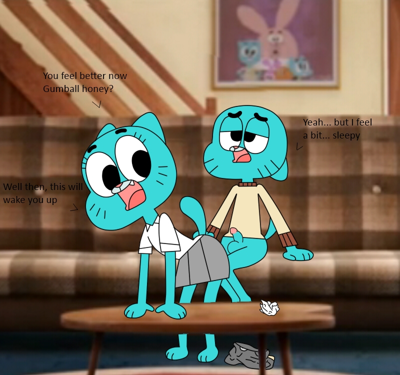 1boy 1boy1girl 1girls anthro anthro_on_anthro anthro_only balls blue_body blue_fur blue_skin bpq00x cartoon_network dialogue english english_dialogue english_text female fur gumball_watterson male mother mother_and_child mother_and_son nicole_watterson no_humans penis son son_and_mother straight_hair tagme testicles text the_amazing_world_of_gumball