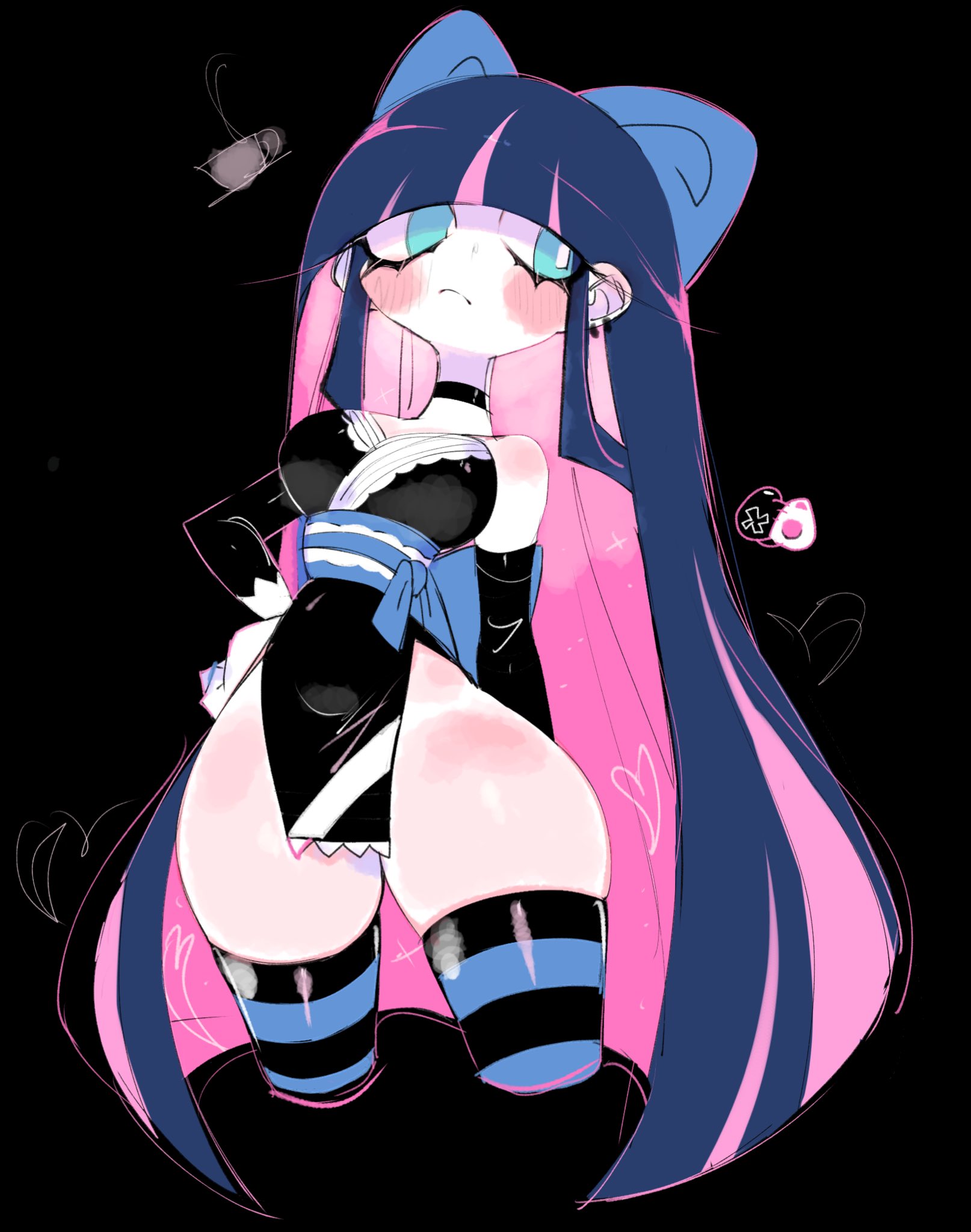 1girls, blue eyes, blue hair, breasts, cleavage, female, hi res, hips, large breasts, long hair, multicolored hair, panty & stocking with garterbelt, pink hair, stocking anarchy, striped thighhighs, thick thighs, thighhighs, thighs, usa37107692, wide hips