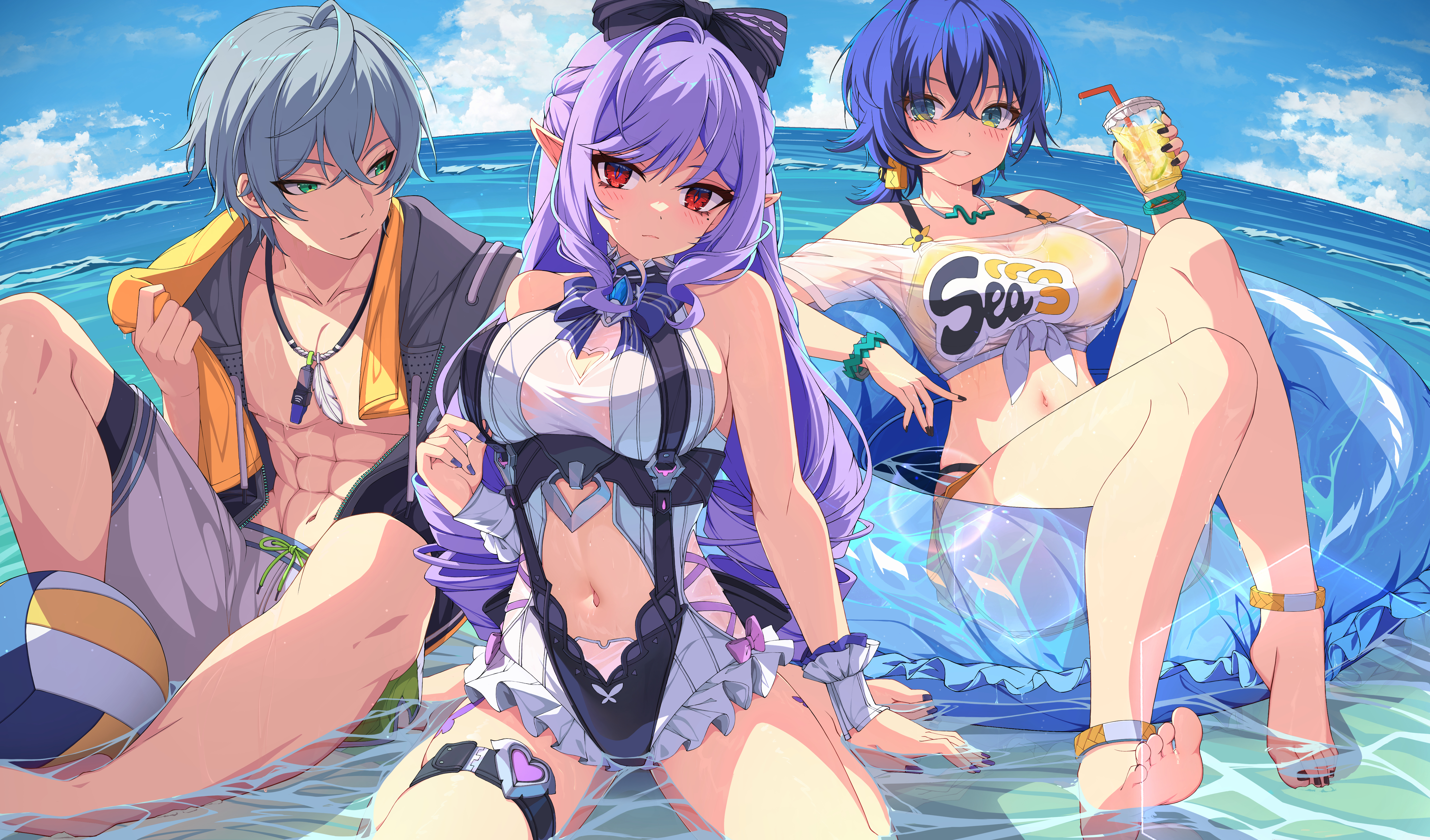 2girls1boy, belle (summer skies) (zenless zone zero), belle (zenless zone zero), black hair, breasts, colored nails, exposed breasts, female, grey hair, hoyoverse, legs, long hair, mihoyo, official alternate costume, painted nails, purple hair, red eyes, short hair, swimsuit, vivian banshee, vivian banshee (iris of the shore), white swimsuit, wise (peaceful waves) (zenless zone zero), wise (zenless zone zero), zenless zone zero