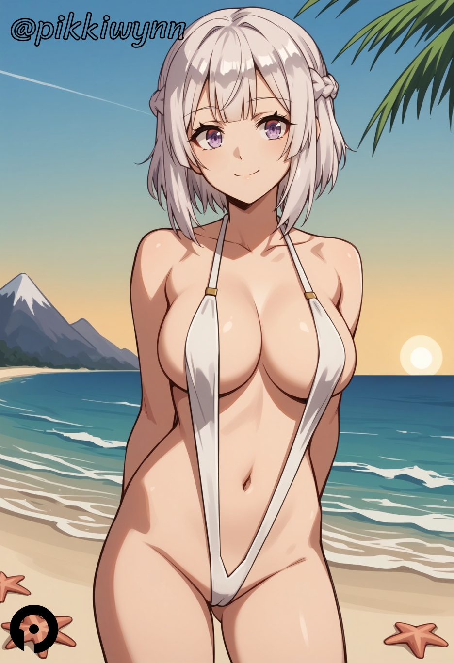 ai_generated arms_behind_back ass_visible_through_thighs bangs bare_shoulders beach braid breasts cleavage closed_mouth collarbone cowboy_shot female hakuren isekai_nonbiri_nouka large_breasts looking_at_viewer navel ocean one-piece_swimsuit outdoors pikkiwynn purple_eyes short_hair sky slingshot_swimsuit smile solo starfish swimsuit tree water white_hair white_one-piece_swimsuit